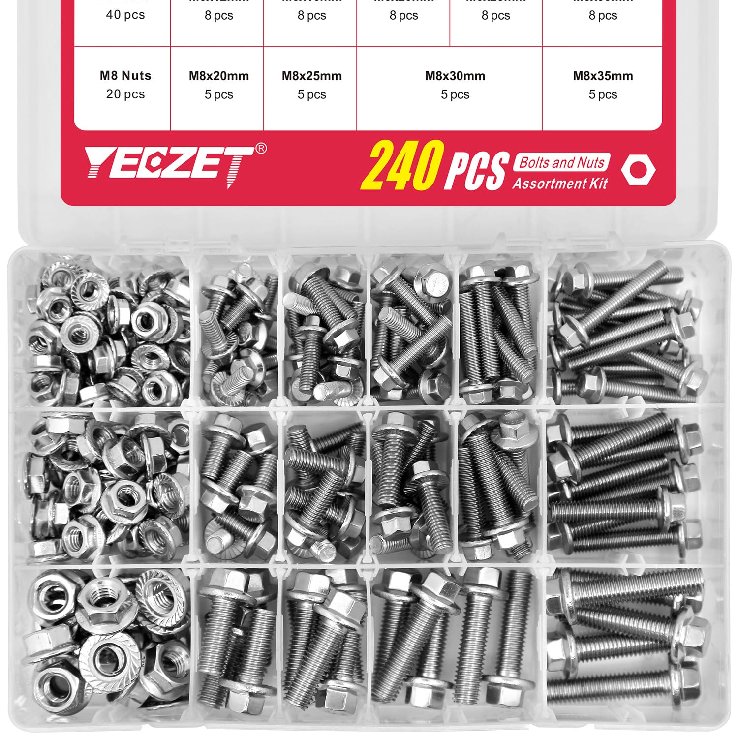 YEEZET 176PCS M6 M8 M10 Heavy Duty Bolts and Nuts Assortment Kit, 304 Stainless Steel, Includes 8 Most Common Sizes