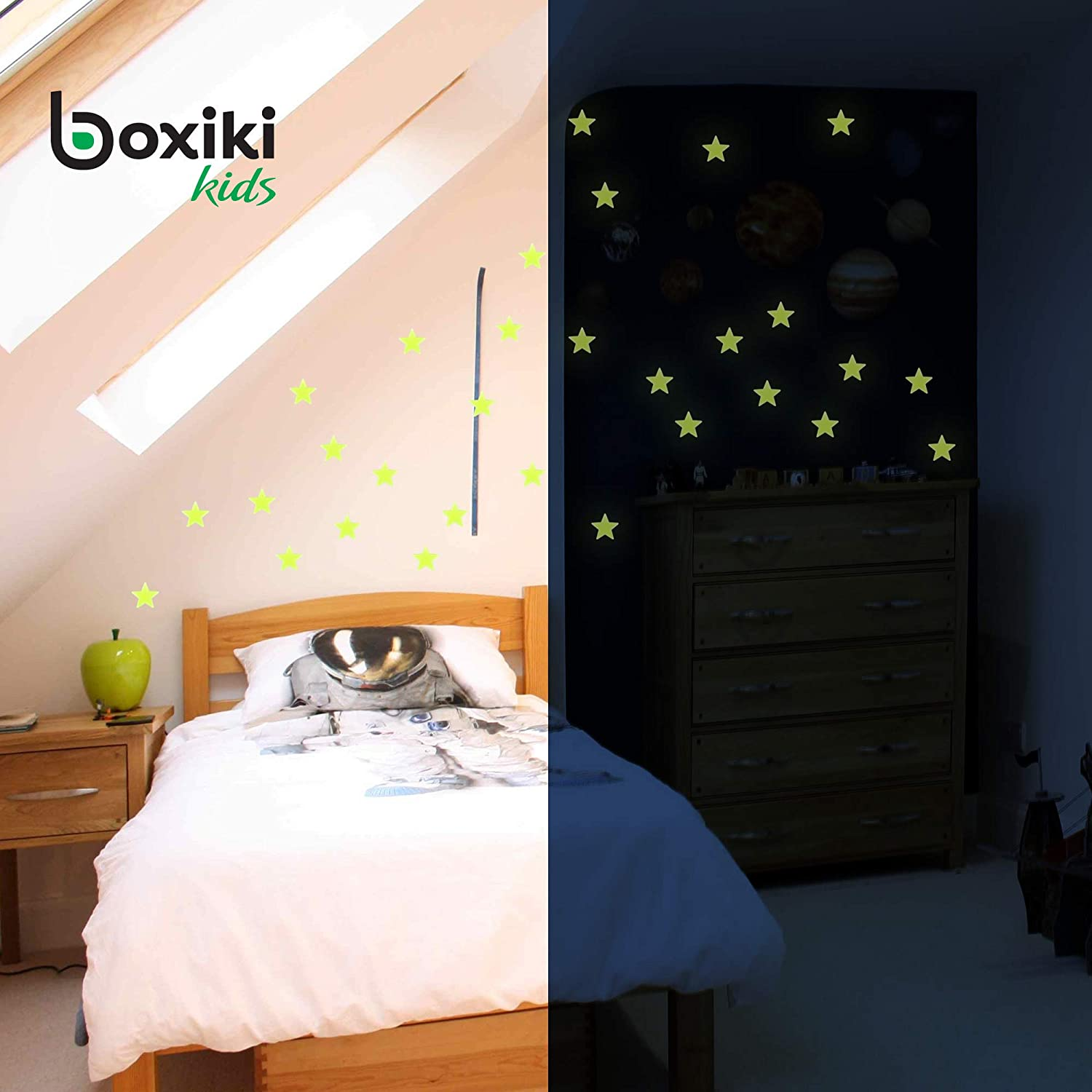 Pack of 300 Glowing Stars & Moon. Fluorescent Ceiling Stars for Kids. Glow in the Dark Set for Bedrooms and Nurseries by Boxiki Kids image number 4