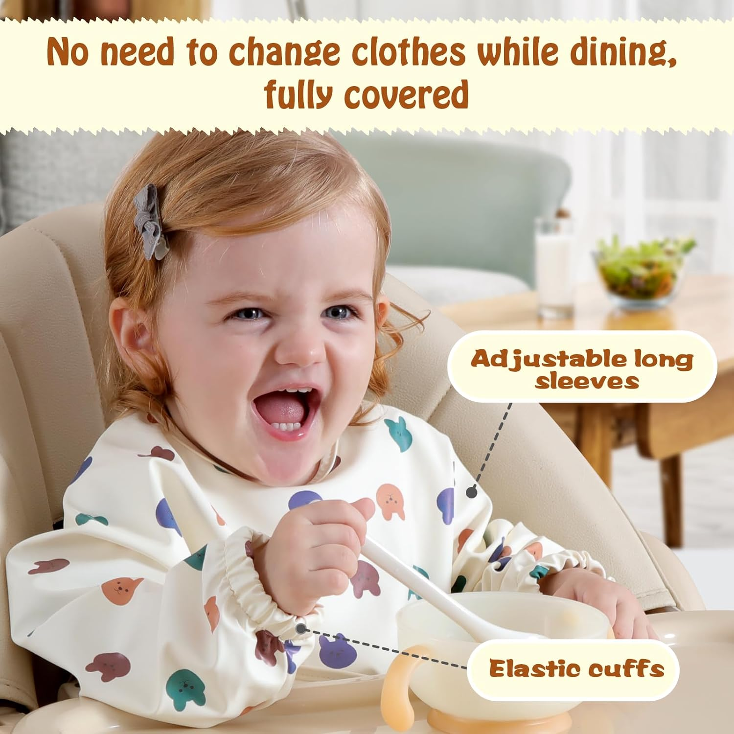 Feeding Bib with Long Sleeves & BLW 2PCS, Soft and Skin-Friendly Material, Coverall Bibs for Baby Feeding, Waterproof and Easy to Clean & Machine Washable, for Infant Toddlers (Yellow) - Yellow image number 4