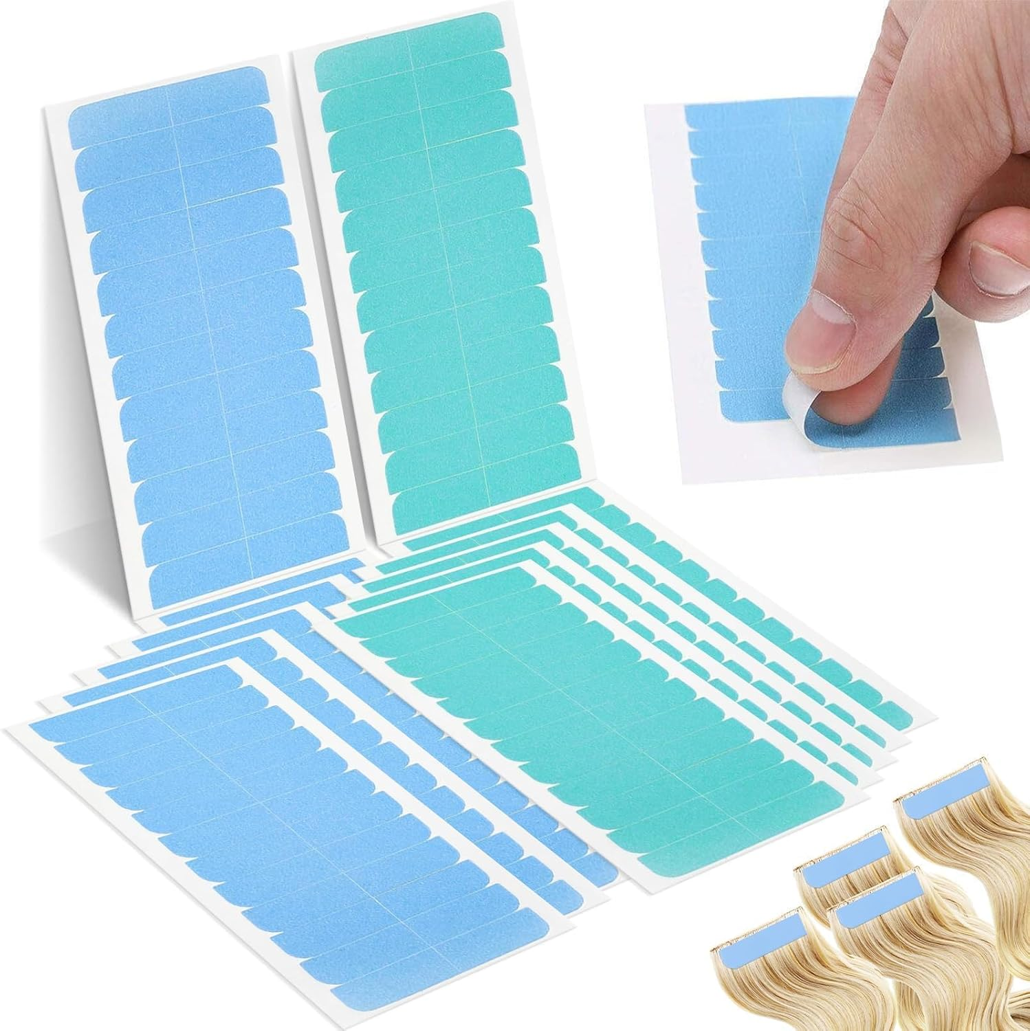 Double Sided Hair Extension 120 Pcs Adhesive Replacement for Hair Extensions, Wig Strips for Fixing Wigs, Hair Pieces (120 Pcs,Blue and Green) image number 2