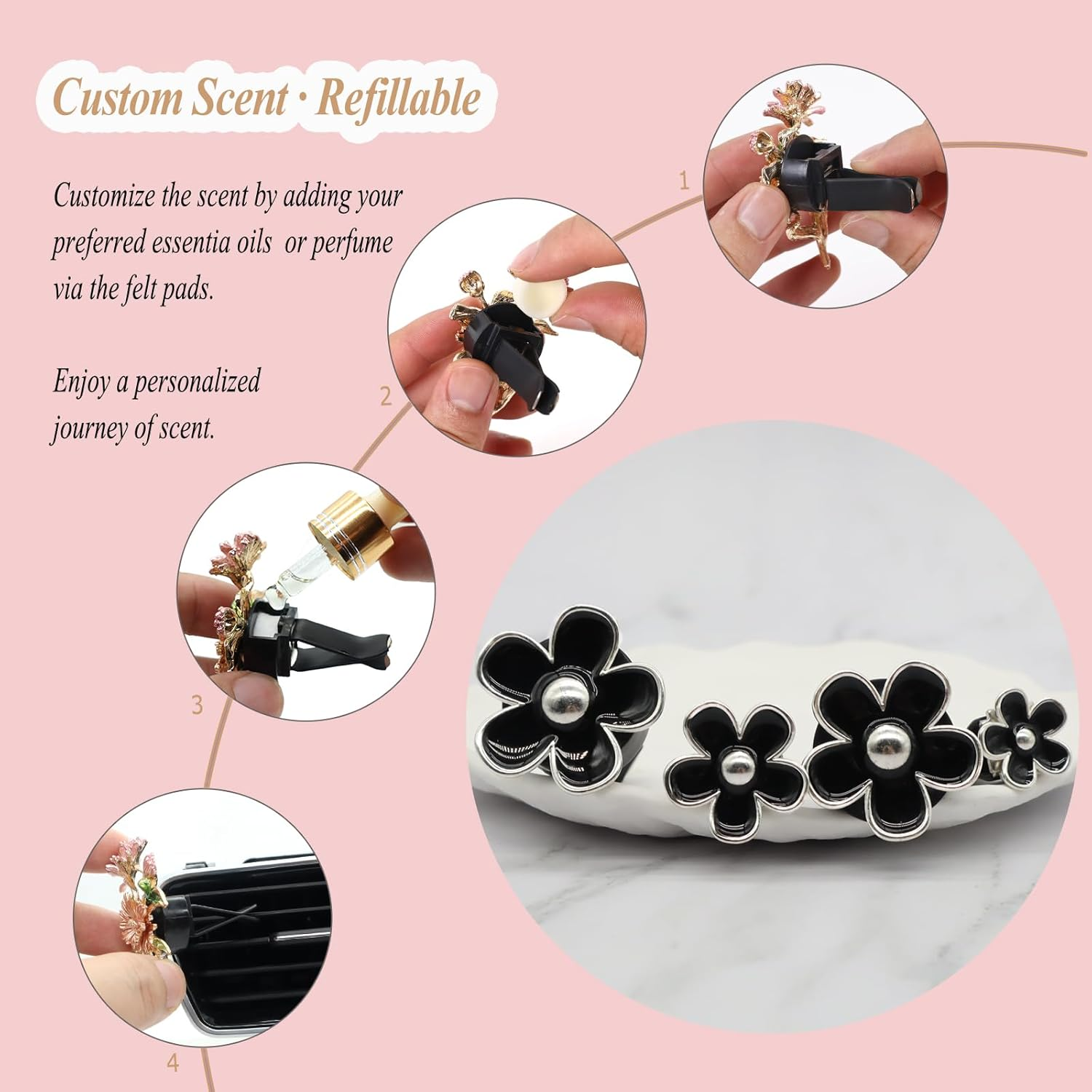 ORIESSE 4Pcs Cute Daisy Flowers Car Air Freshener Vent Clips, 4 Sizes Sparkle Black Silver Flower Car Vent Clips,Girly Women Car Air Freshener, Flowers Car Accessories,Refillable Car Diffuser image number 4