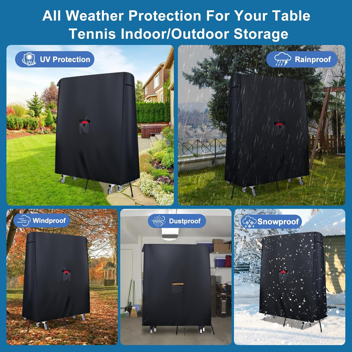 Folding Ping Pong Table Cover Outdoor Waterproof,420D Heavy Duty Foldable Table Tennis Table Cover with Paddle Pocket,2 Windproof Buckles,2 Air Vents,Universal Fits 9X5 FT Foldable Pingpong Tables image number 2