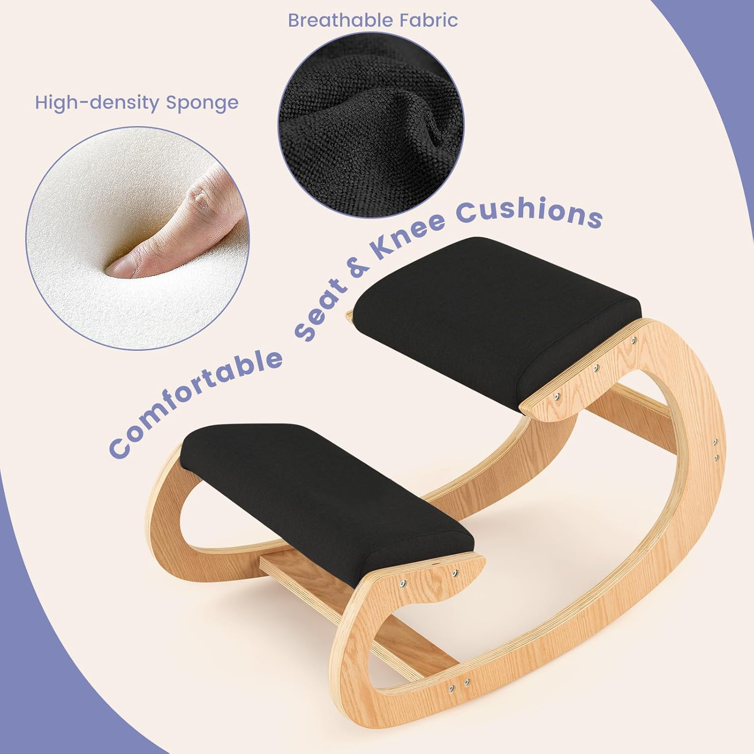 Costway Ergonomic Kneeling Chair, Wooden Rocking Chair with Comfortable Padded Seat Cushion & Knee Support, Upright Posture Support Chair for Back Pain Relief (Type A, Black) - Black image number 5