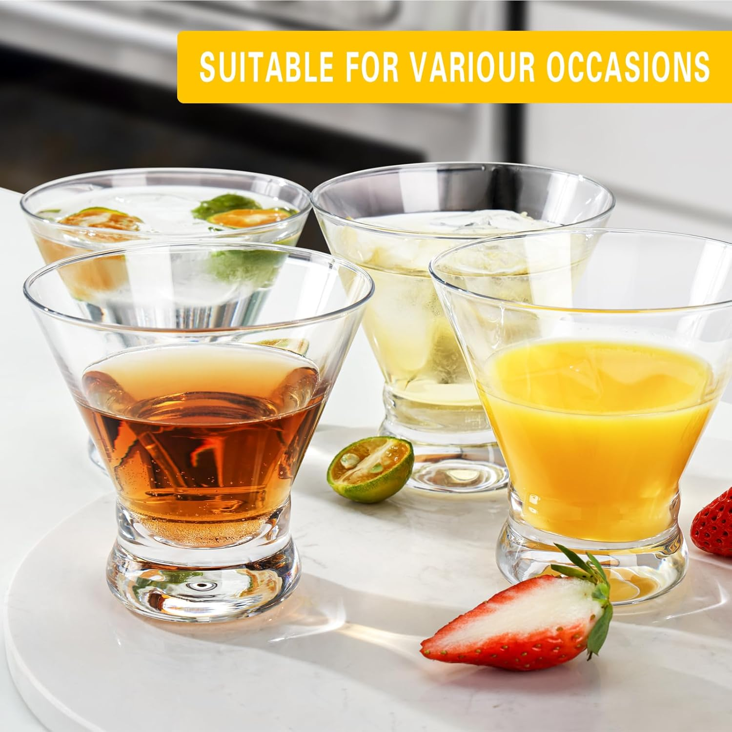 WOTOR Stemless Martini Glasses Set of 4, 8Oz Cocktail Glass Set, Fancy Modern Martini Cups for Bar, Short and Small Margarita Glasses