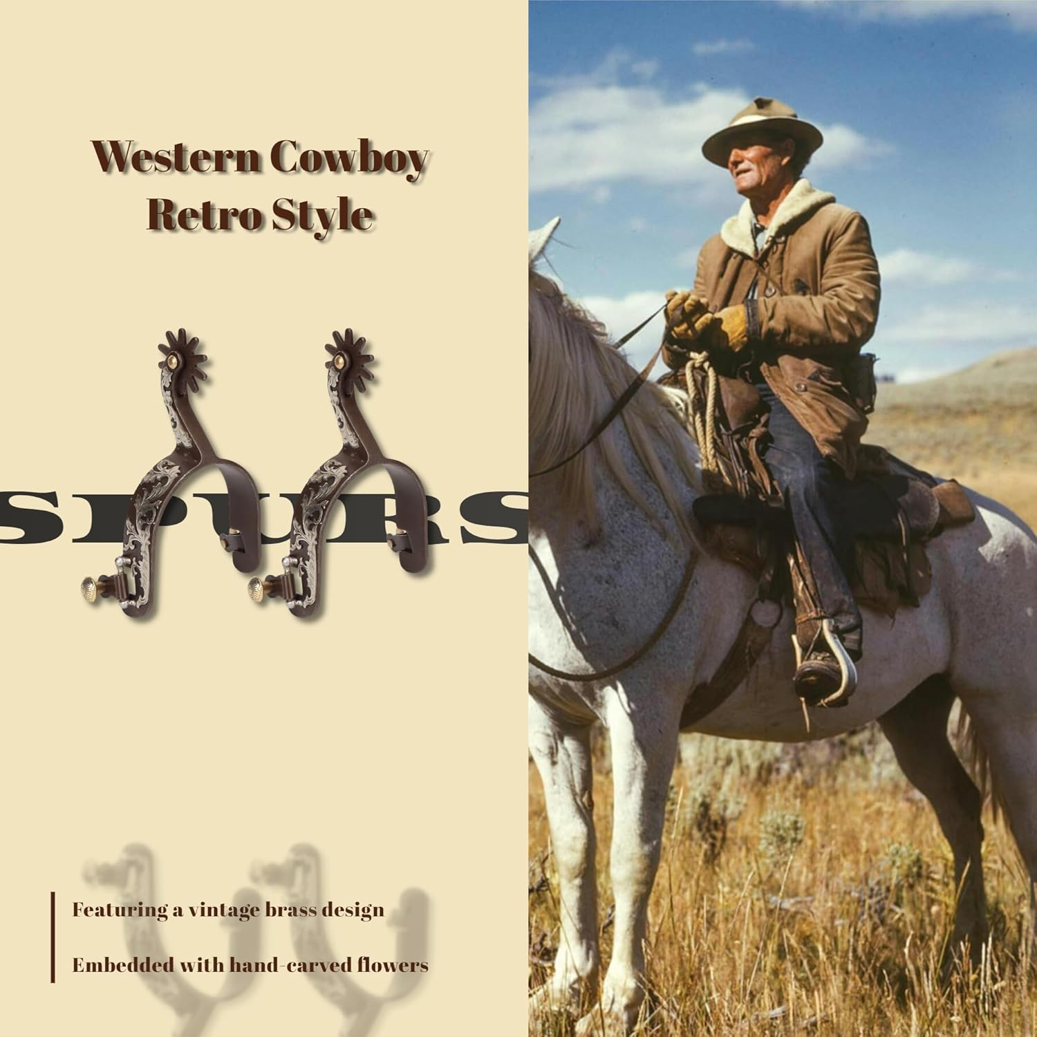 Gugxiom 2Pcs Western Spurs, Retro Bronze Low Carbon Steel Horse Spurs, Vintage Carved Spurs, with Turnable Gear