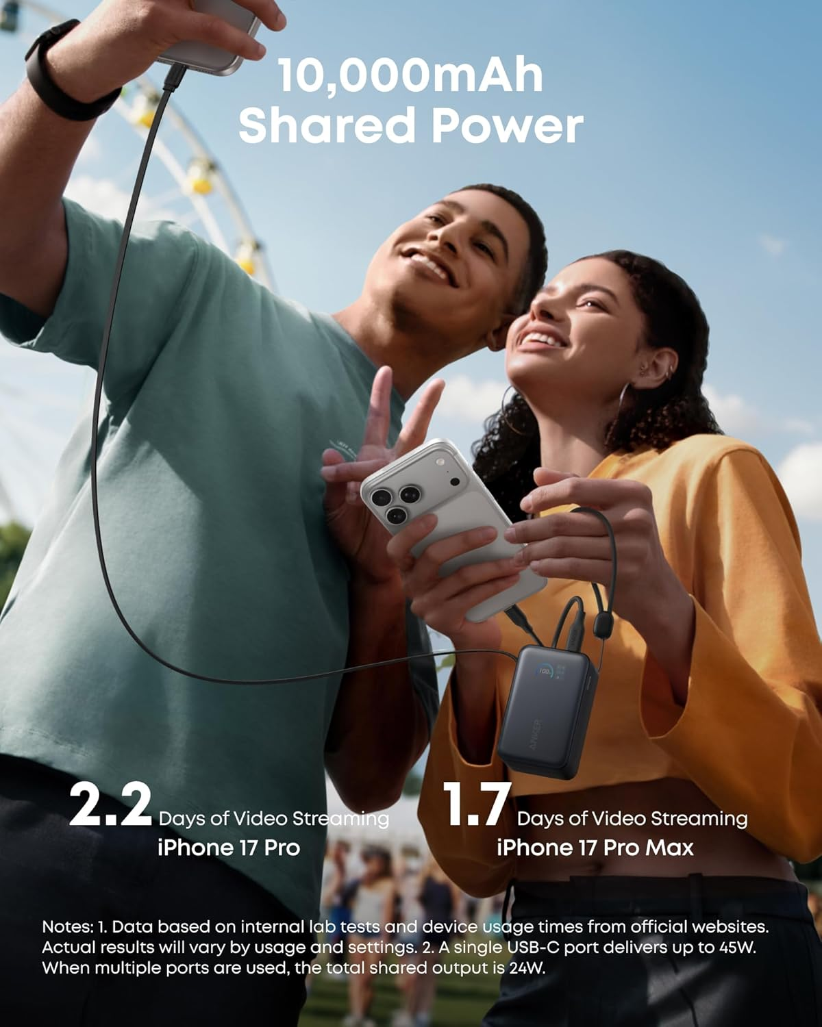 Anker Nano Power Bank, 10,000Mah Portable Charger with 2.3 Ft Instacord Retractable Cable, 45W Max Compact Battery Pack, Smart Display, for Iphone 17 Series, Ipad, Galaxy, Pixel, and More image number 2