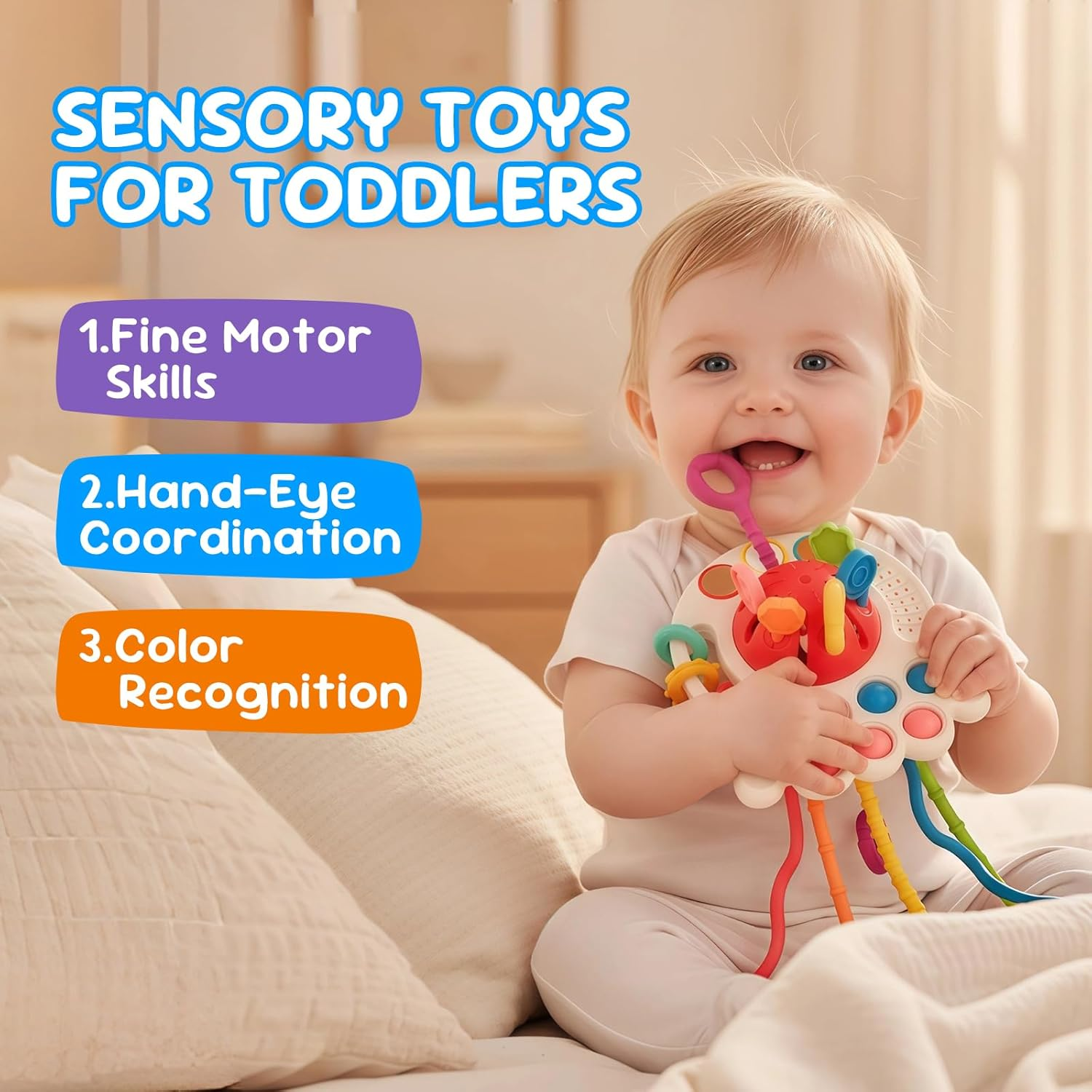 Montessori Sensory Teething Toy for Babies & Toddlers，Fun Press & Grasp Activity with Bpa-Free Silicone for 1 Year Old, High Chair Play, Early Education (Red)