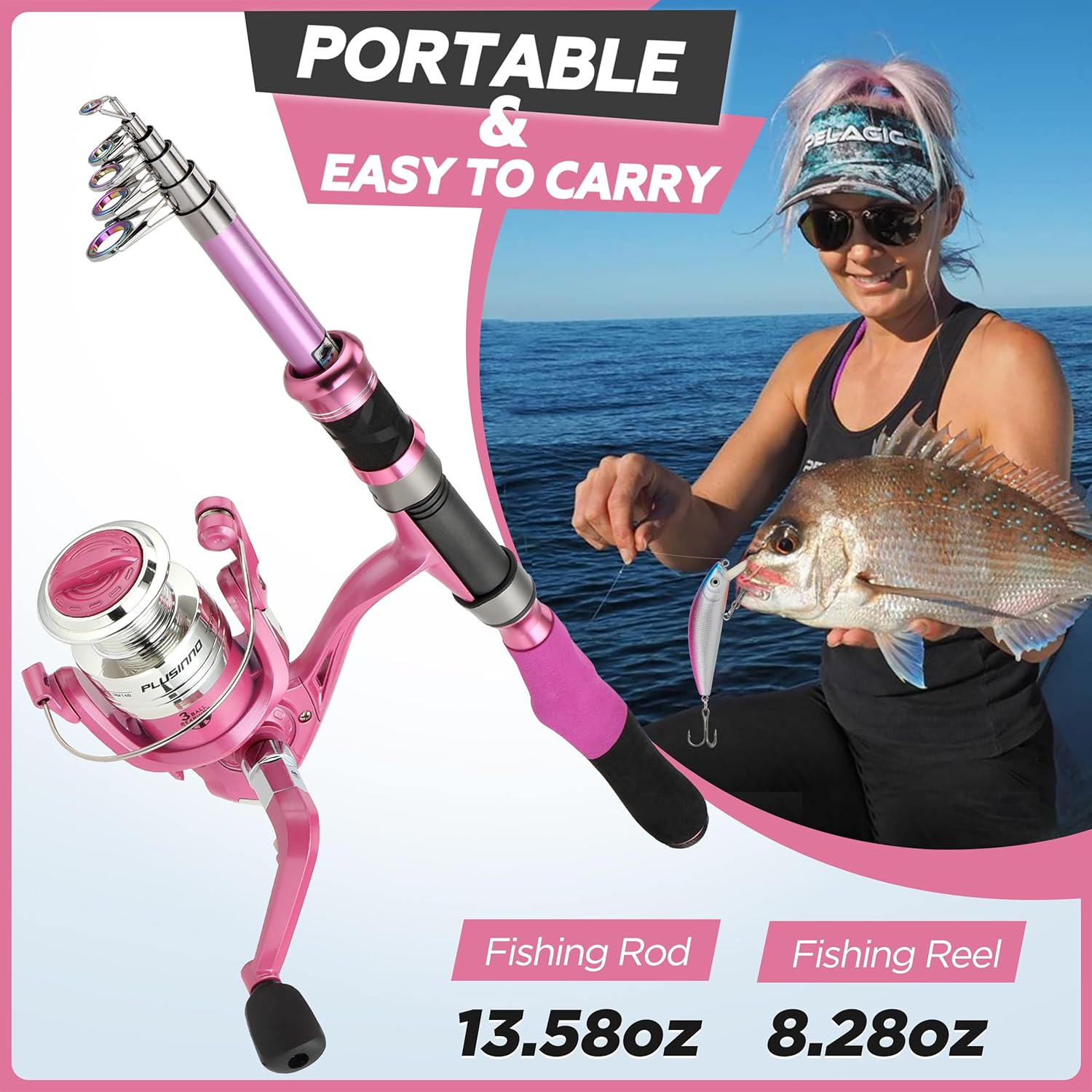 PLUSINNO Ladies Telescopic Fishing Rod and Reel Combos,Spinning Fishing Pole Pink Designed for Ladies Fishing Girls Fishing Pole image number 5