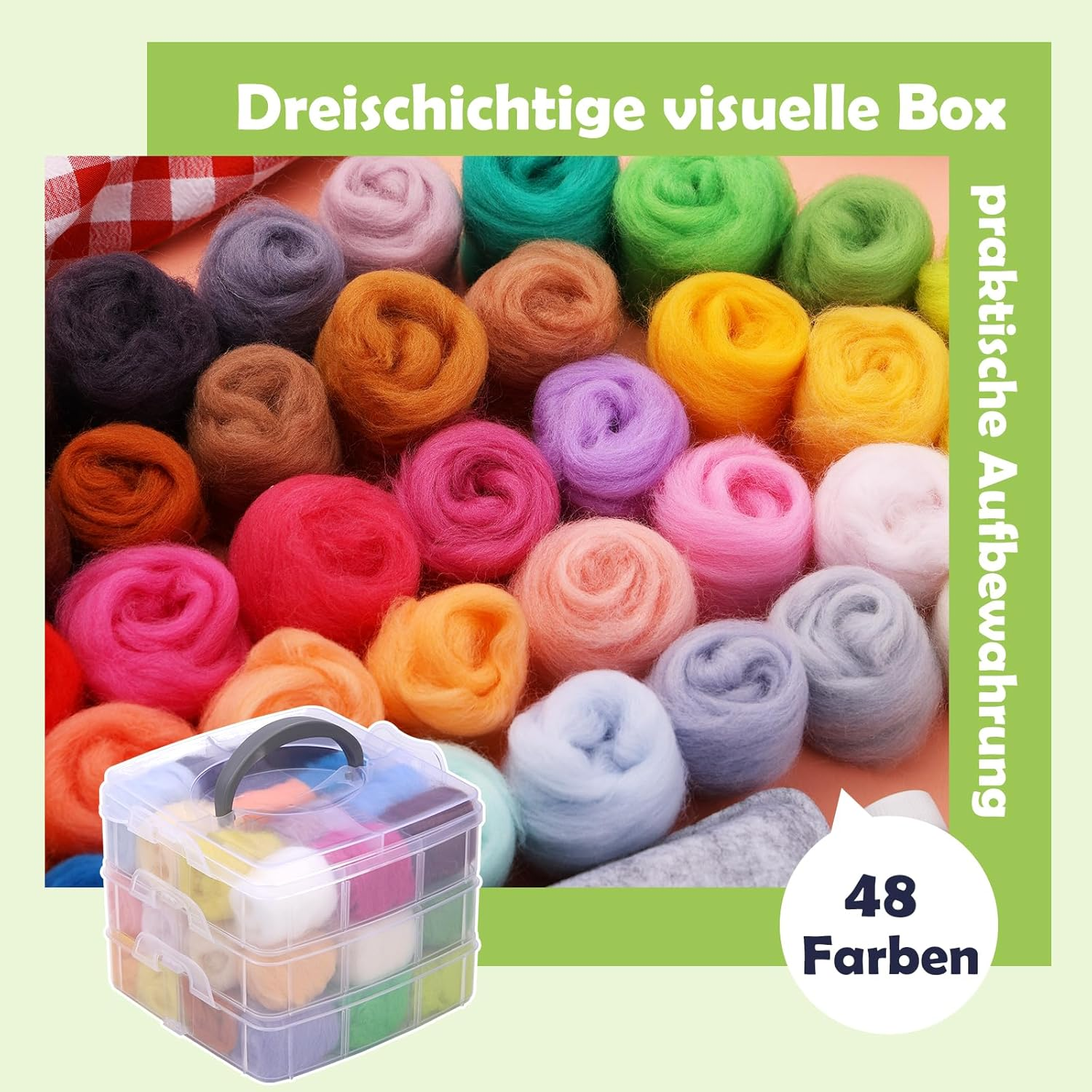 Wamkon Needle Felting Set Felting Needles for Dry Felting Consisting of 48 Colours, Felting Set for Beginners with Tools as Well as a Storage Box and Instructions for Beginners in Crafts image number 2