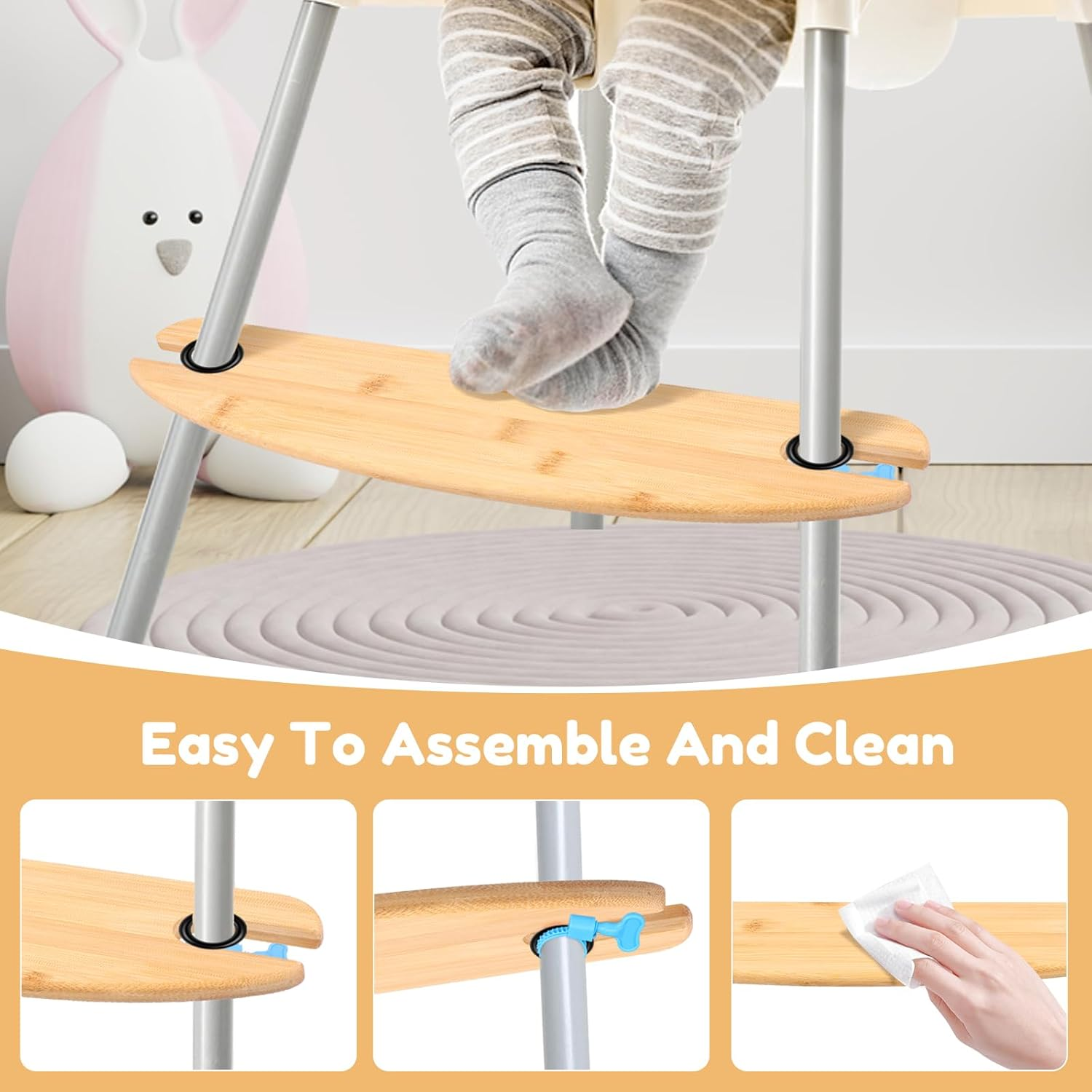 2 Pcs Bamboo High Chair Foot Height Adjustable High Chair Footrest with 2 Rubber Rings and Fixing Rings for Home Indoor Use image number 2