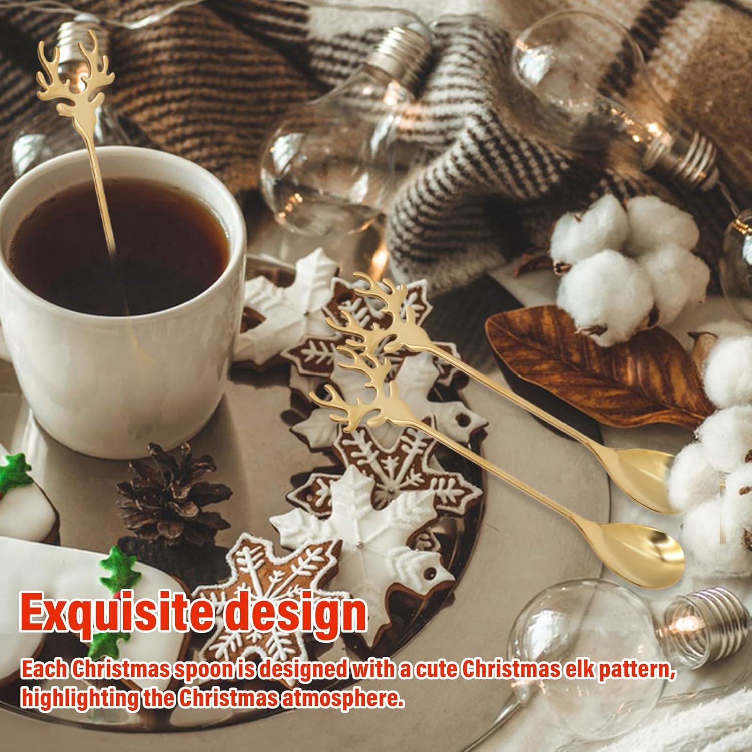 Pack of 6 Elk Christmas Coffee Spoons, Stainless Steel Dessert Spoons, Small Gifts for Ice Cream, Cakes and Desserts image number 2