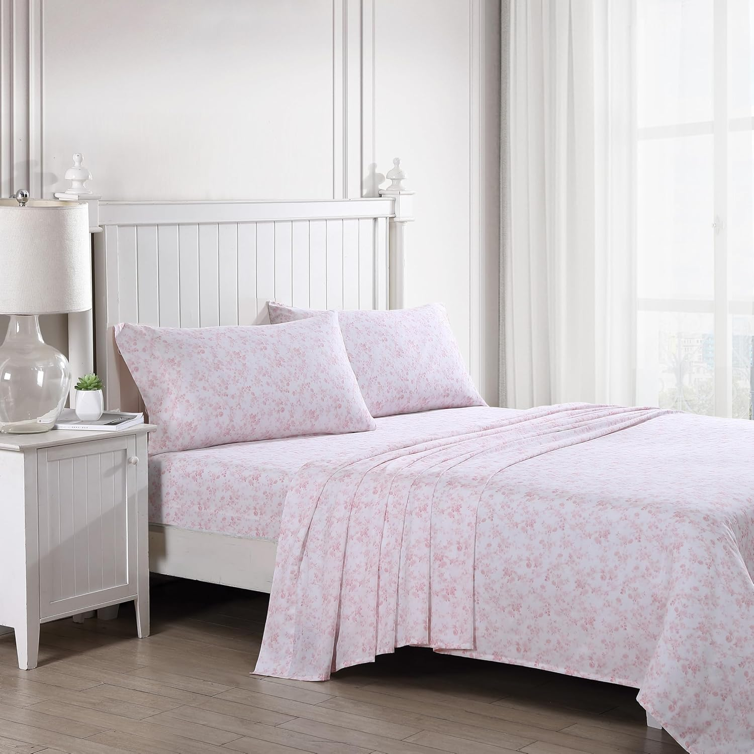 Laura Ashley - Queen Sheet Set, Soft Sateen Cotton Bedding Set - Sleek, Smooth, & Breathable (Bella Pink, Queen) (USHSA01235891) image number 4