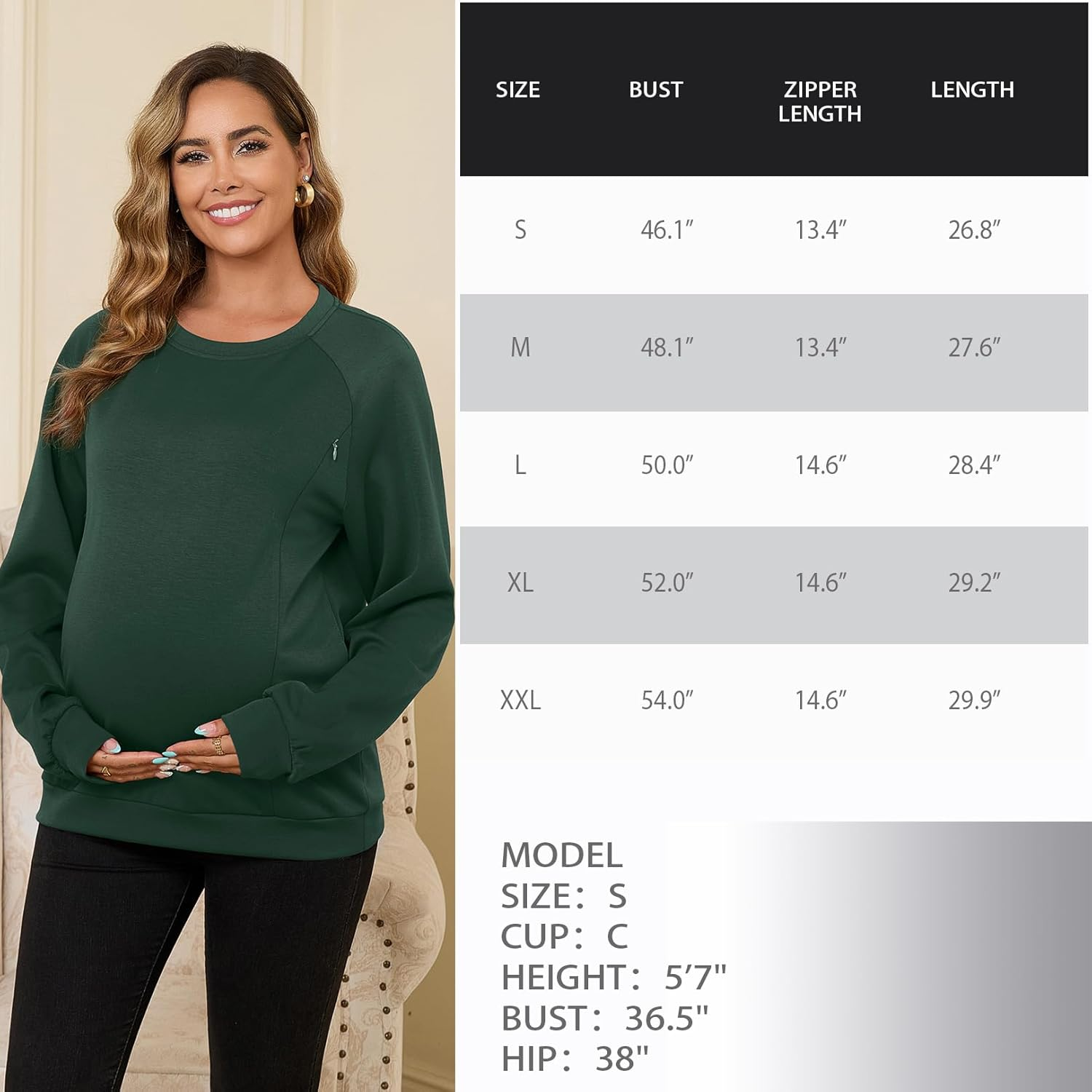 DEBELLY Nursing Friendly Sweatshirt for Breastfeeding Women Dual Zippers Nursing Top Long Sleeve Crew Neck Casual Wear image number 6