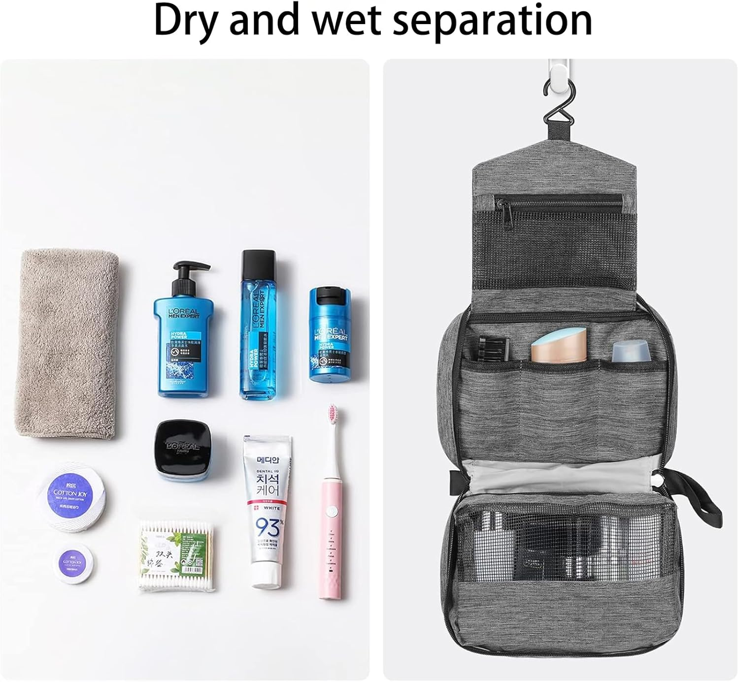 Xoxel Hanging Toiletry Bag with Handles Portable Wash Bag for Camping and Outdoor Wash Organiser + 2 Drawstring Pouches | Dry/Wet Separation Grey image number 6