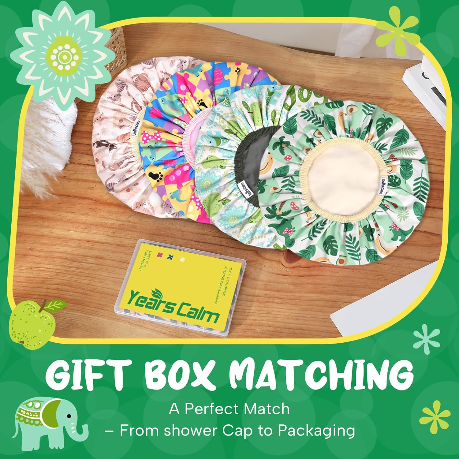 Years Calm Kids Shower Cap, Waterproof Reusable Cartoon Bath Cap with Double Layers & Soft Elastic Band, Washable Shower Hat for Boys and Girls, Great for Daily Bath (Elephant, One Size) - Elephant image number 6