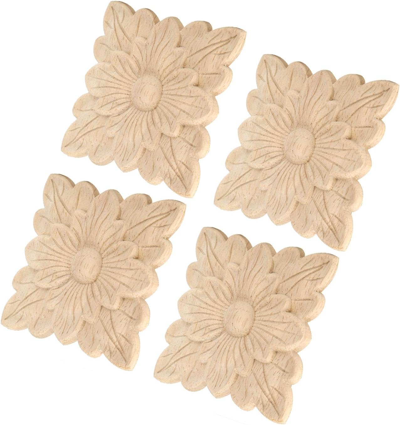 Wooden Carved Floral Appliques, 4 Pieces, Decorative Furniture and Door Accessories