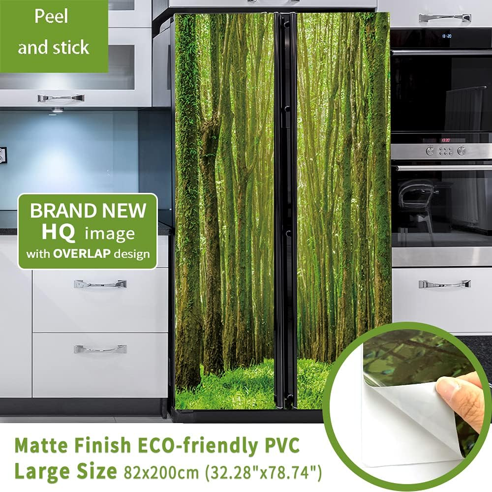 Nature Art Self Stick Vinyl Door Mural Sticker, Peel and Stick Removable Refrigerator Wrap Decal, Green Forest, 32.3X78.7, 2 Pcs Set - Bookcase image number 6