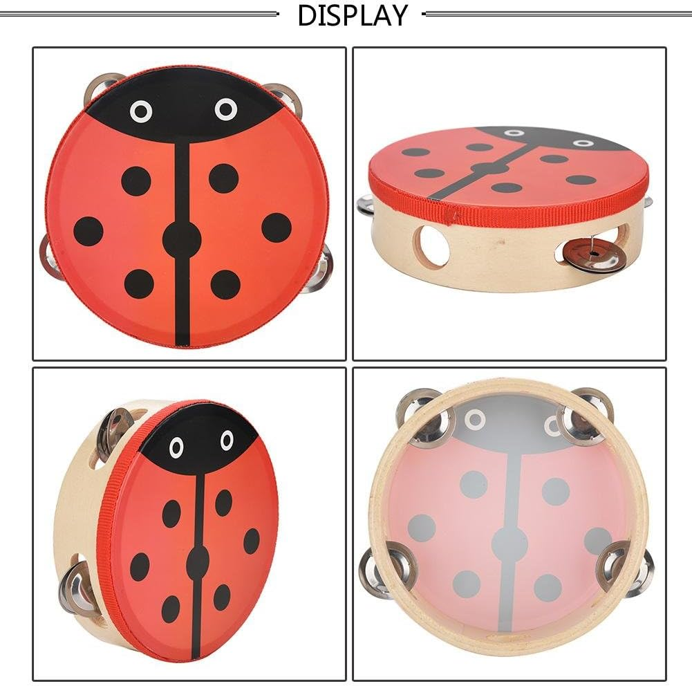 Handheld Tambourine, Cute Patterns 15Cm Tambourine Wood, Parties and Kids Games for Sing or Dance Accompaniment(Beetle) image number 2