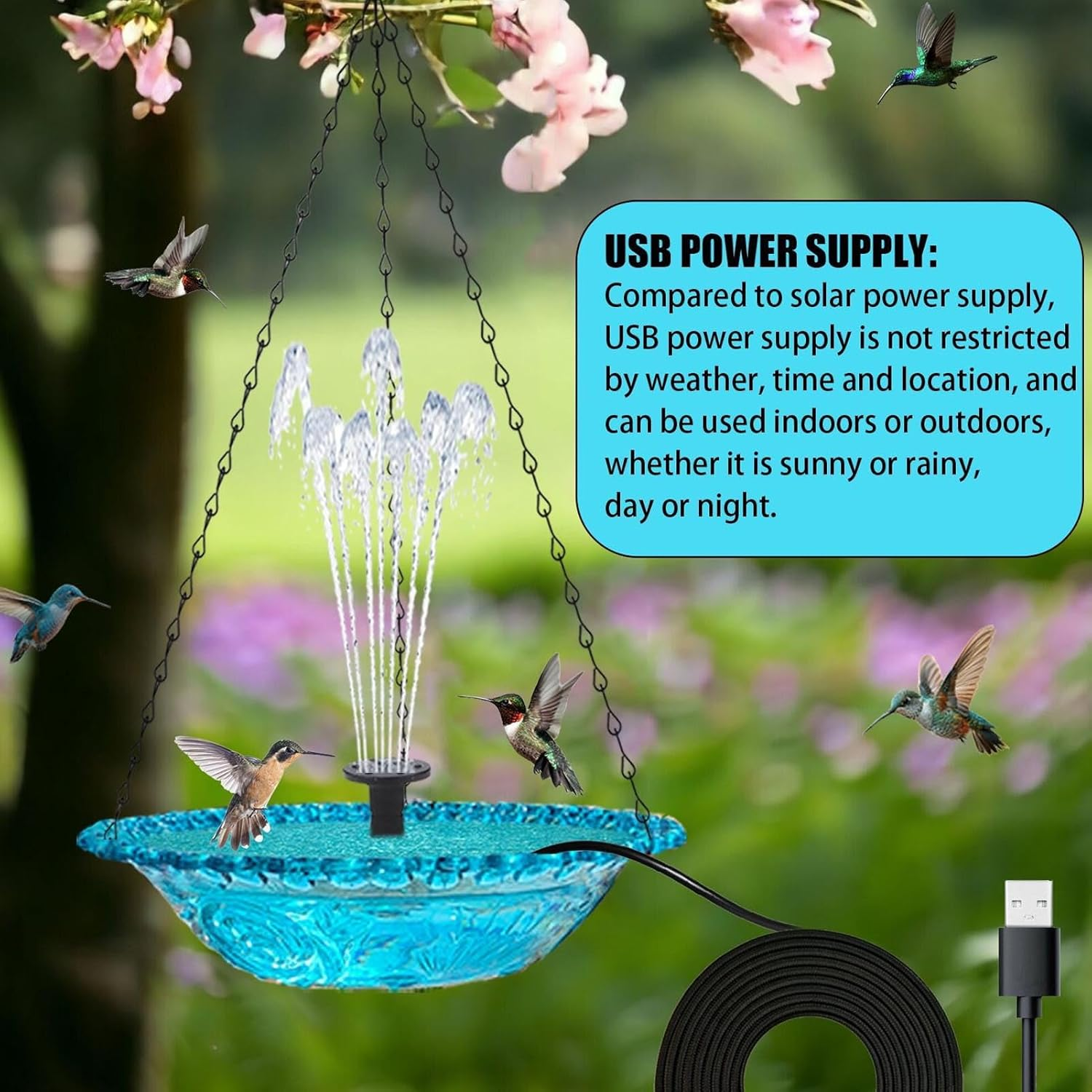 Hanging Bird Bath, Bird Bath Bowl with Fountain USB Powered, Hummingbird Bath Fountain for Outdoor Garden Backyard - Blue image number 5