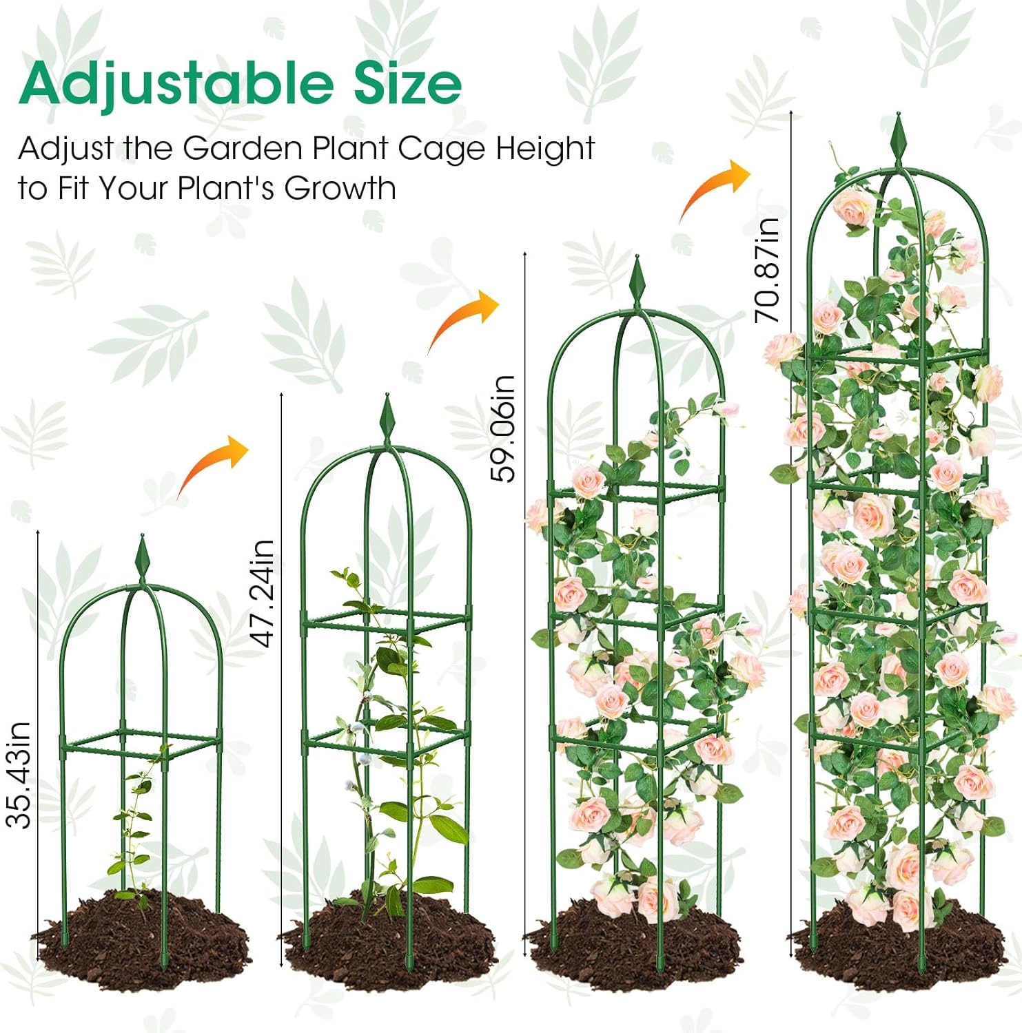 2 Pack Garden Obelisk Trellis for Climbing Plants, 70.87" Metal Rustproof Plant Support Rose Trellis, Tower Potted Cages for Flowers Fruits Vegetable Vines Indoor & Outdoor, Green(4 Tiers) image number 4