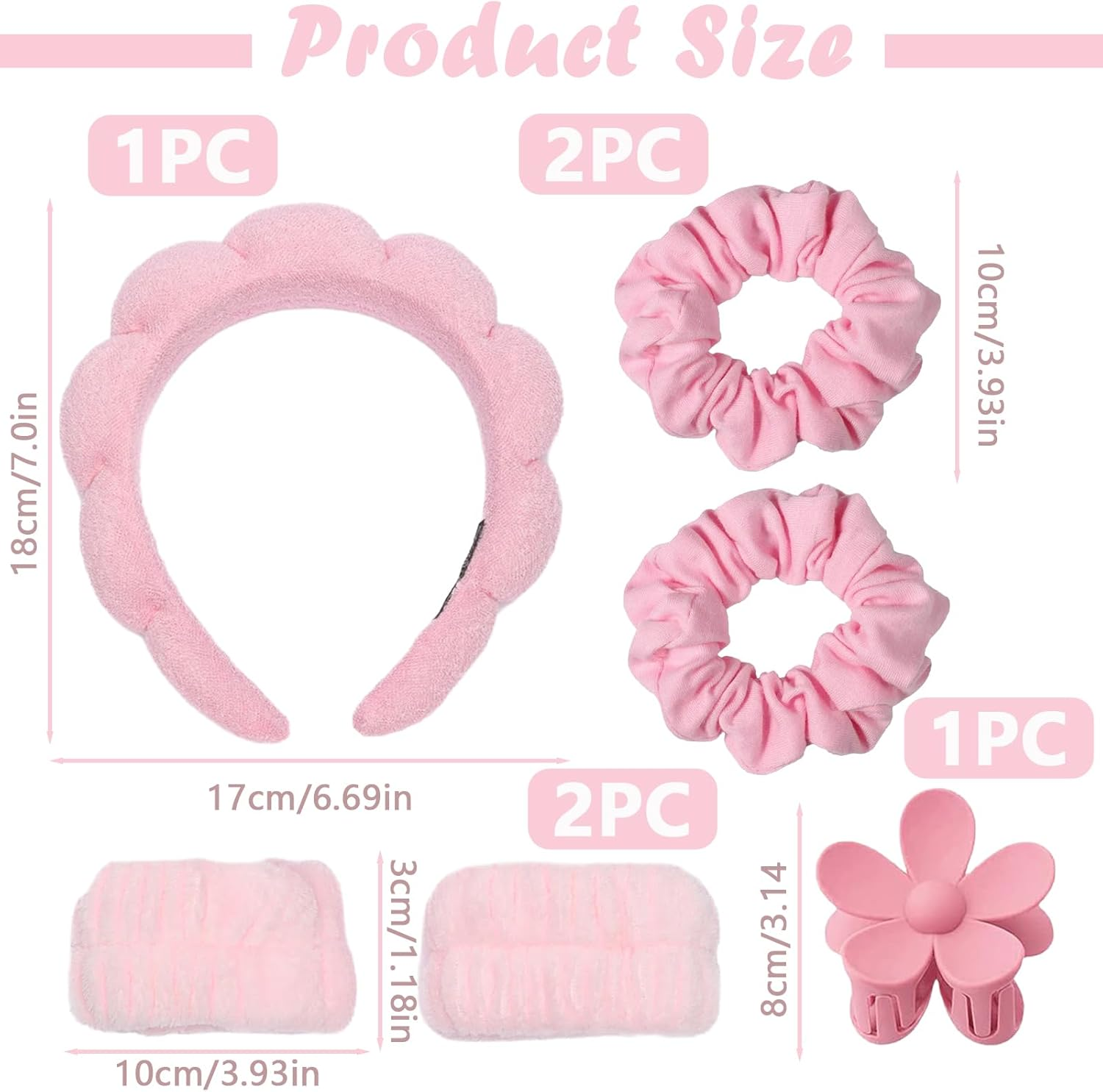 6 Piece Hair Band Cosmetic Set with Spa Headband, Elastic Makeup Hair Band for Girls and Women, Spa Headband, Makeup Headband, for Skin Care, Facial Cleansing, Shower, Pink image number 4