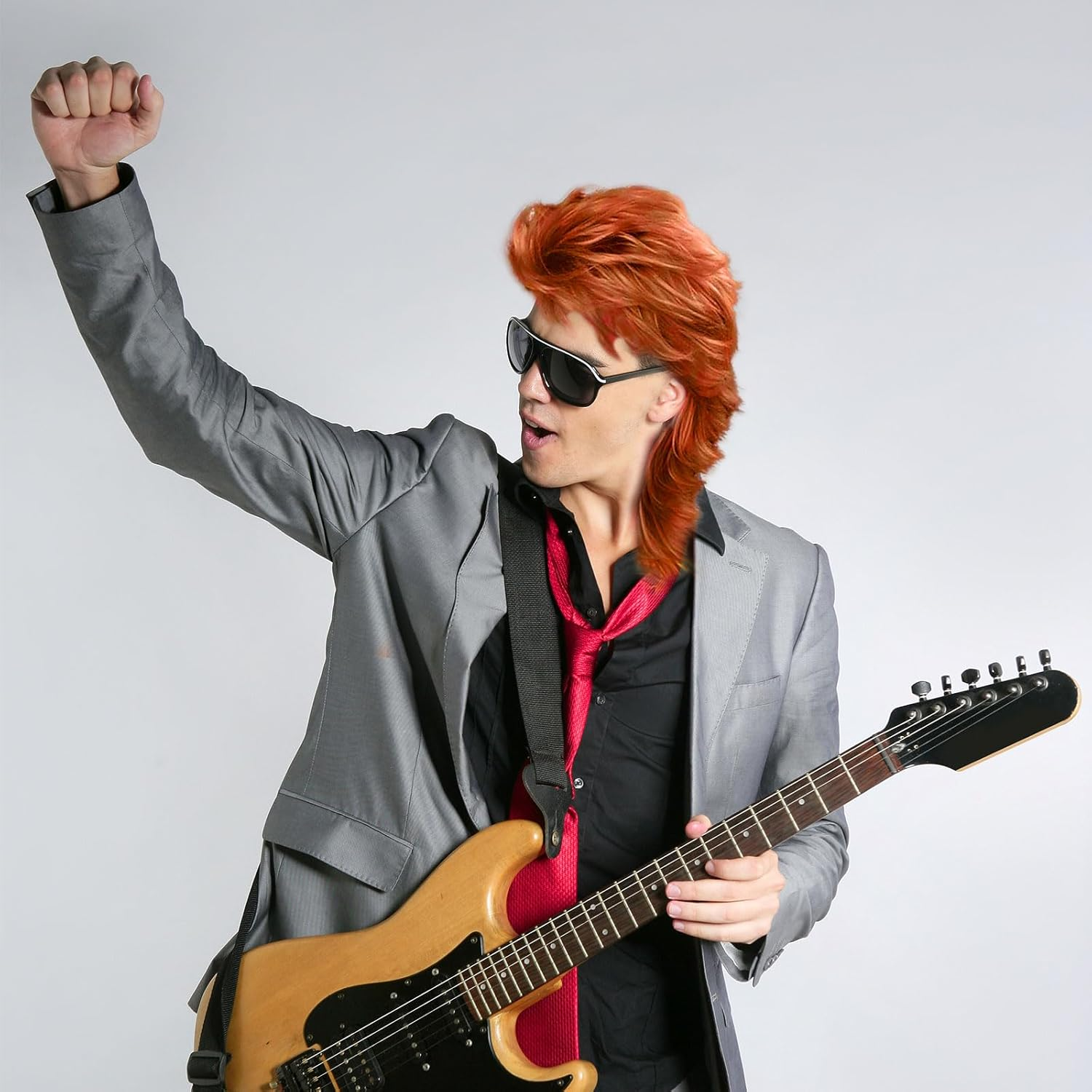 FOUNSHO Red Mullet Wig for Men, Men'S Long Curly Wig, 70S Rocker Fancy Dress Wigs for Adult, Men'S 80S 90S Wigs for Pop Rock Star Costumes Carnival Halloween Party (Red) image number 6