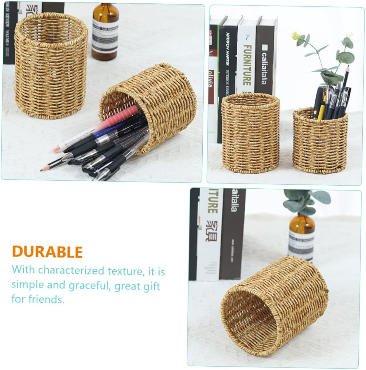 STOBOK 3Pcs round Pen Pot Imitation Rattan Pencil Holder for Desk Stylish Gel Pen Container Cute Pencil Pot for Home Office Use image number 4