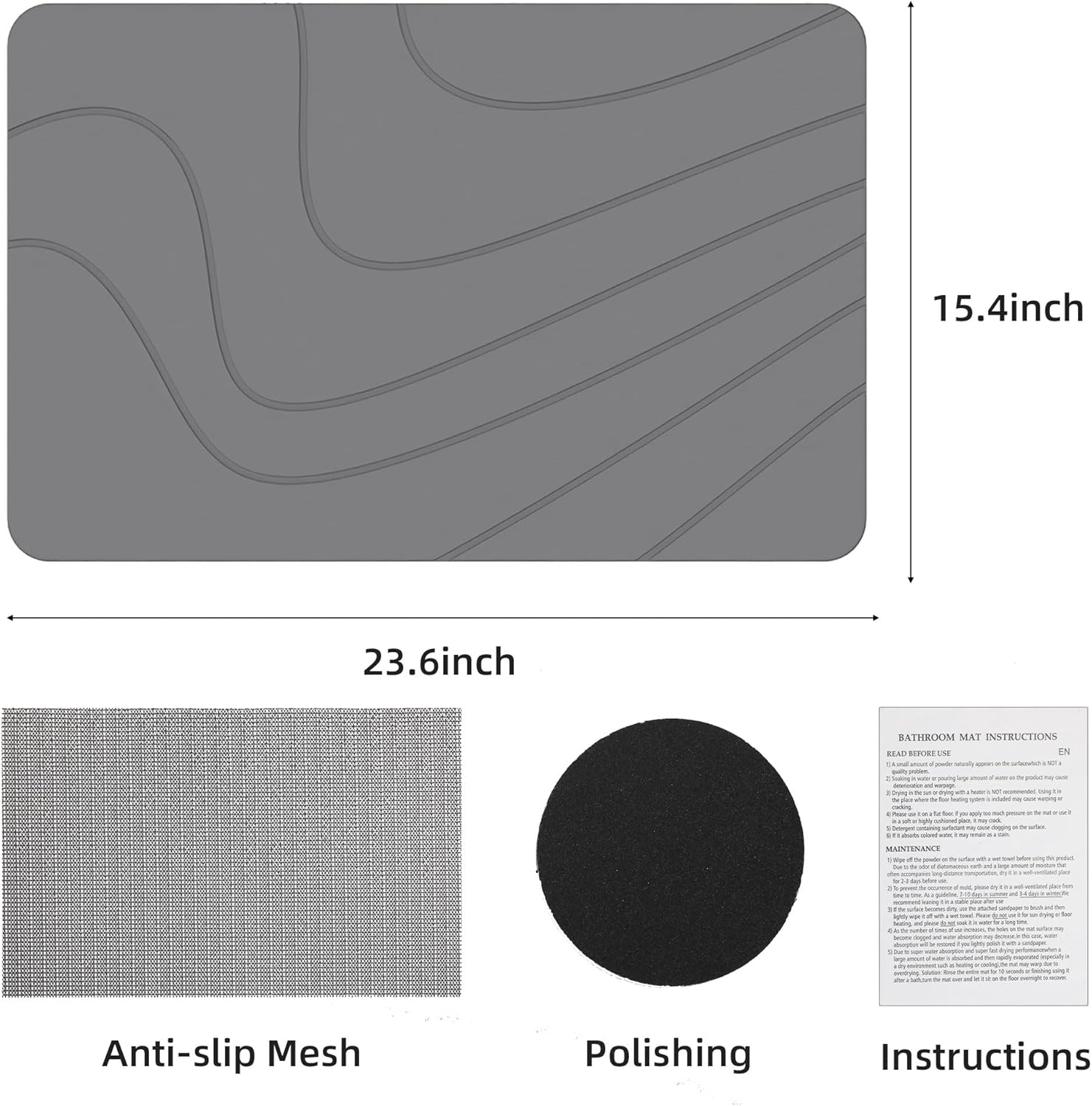 Stone Bath Mat, Diatomaceous Earth Shower Mat,(23.6" X 15.4") Non-Slip Super Absorbent Quick Drying Bathroom Floor Mat, Natural-Elegant & Modern Design, Easy to Clean (Striped Dark Gray) - Round Dark Gray image number 7