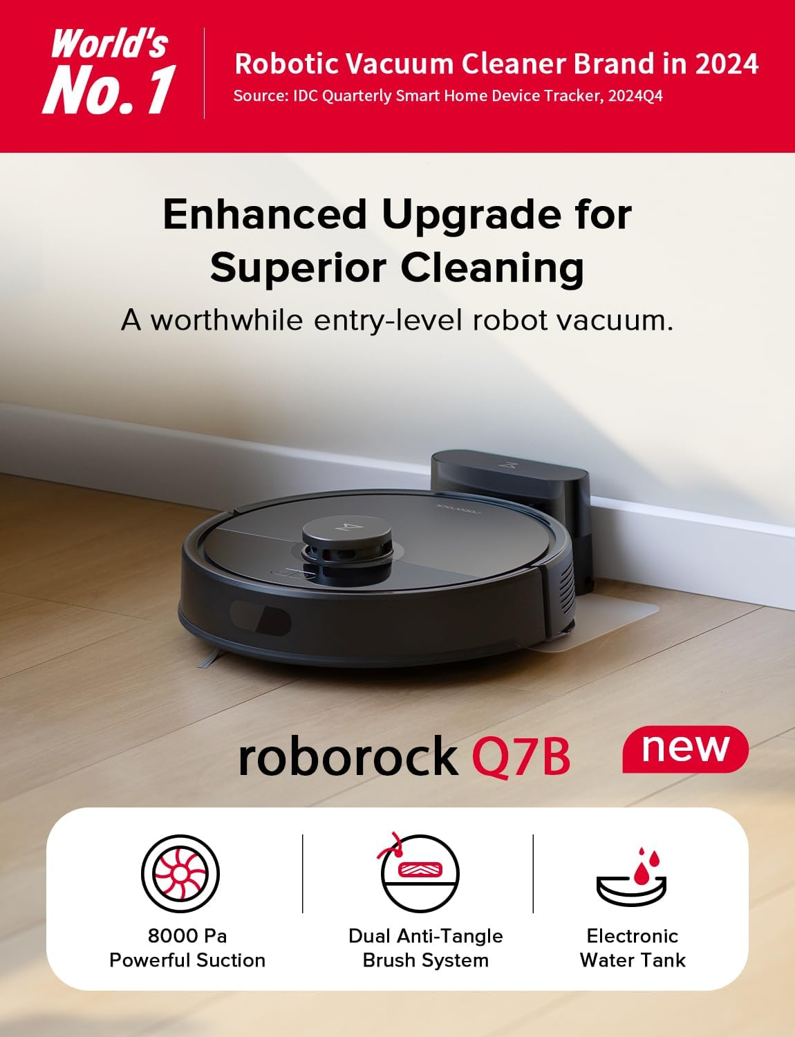 Roborock Q7B Robot Vacuum, 8000Pa Suction, Precise Obstacle Avoidance, Dual Anti-Tangle Brushes, Electric Water Tank, App-Controlled, Perfect for Pet Hair