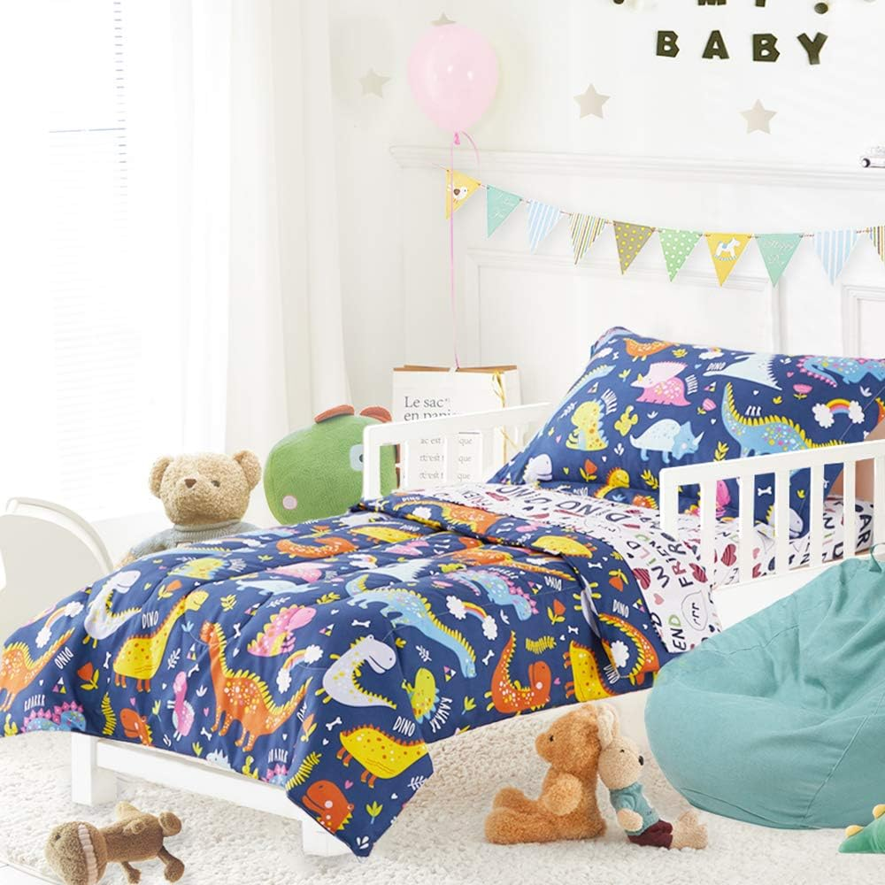Joyreap 4 Piece Toddler Bedding Set, Standard Size Colorful Dinosaur Printed on Navy, Includes Quilted Comforter, Fitted Sheet, Top Sheet, and Pillow Case for Boys N Girls - Navy-Dinosaur image number 4