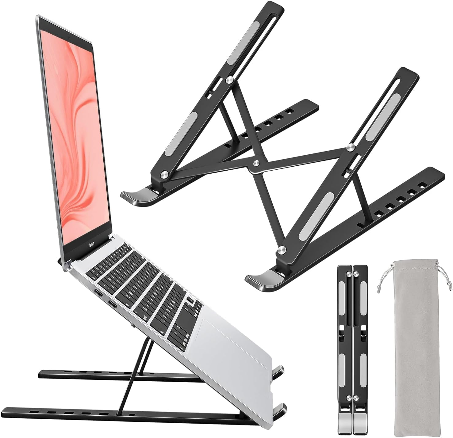 Laptop Stand, Hlculture Portable Adjustable Tablet Stand, Foldable Aluminum Laptop Holder Riser, Compatible with Macbook Air, Macbook Pro, HP, More 10-15.6" Laptops & Tablet (Silver-1Pack)