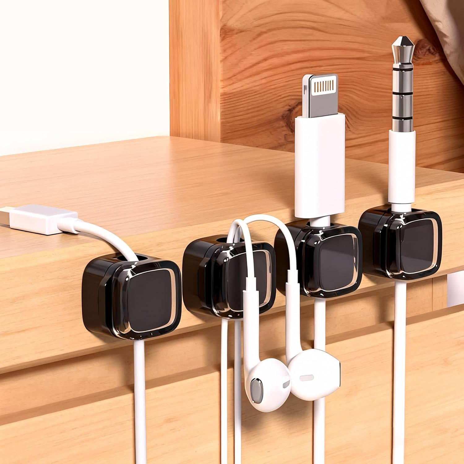 8-Pcs Cable Organiser, Magnetic Cable Holder & Clips with Strong Adhesive Strips, under Desk Cable Management for Phone Chargers, Office and Bedside (Black) image number 5
