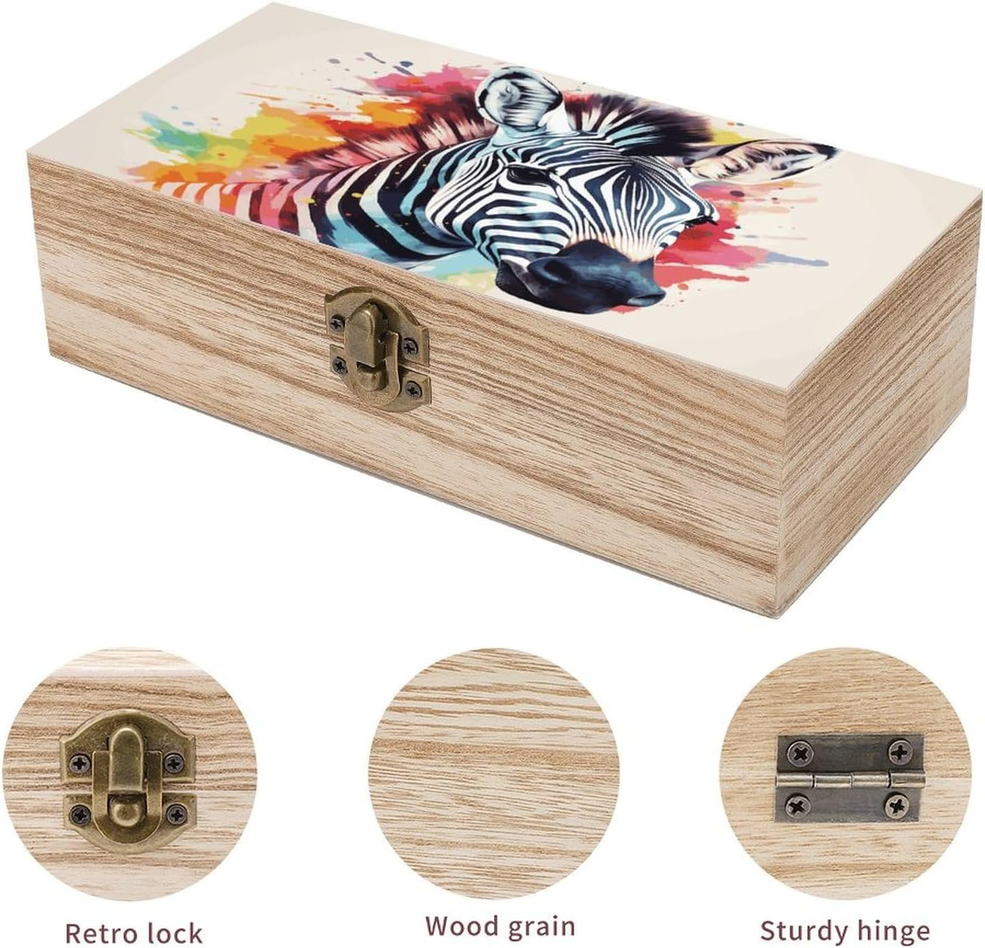 Colorful Zebra Wooden Box Wood Wedding Keepsake Boxes with Lids Small Decorative Boxes Lightweight Wooden Memory Storage Box for Crafts Keepsakes Jewelry Photo Letter Storage image number 3