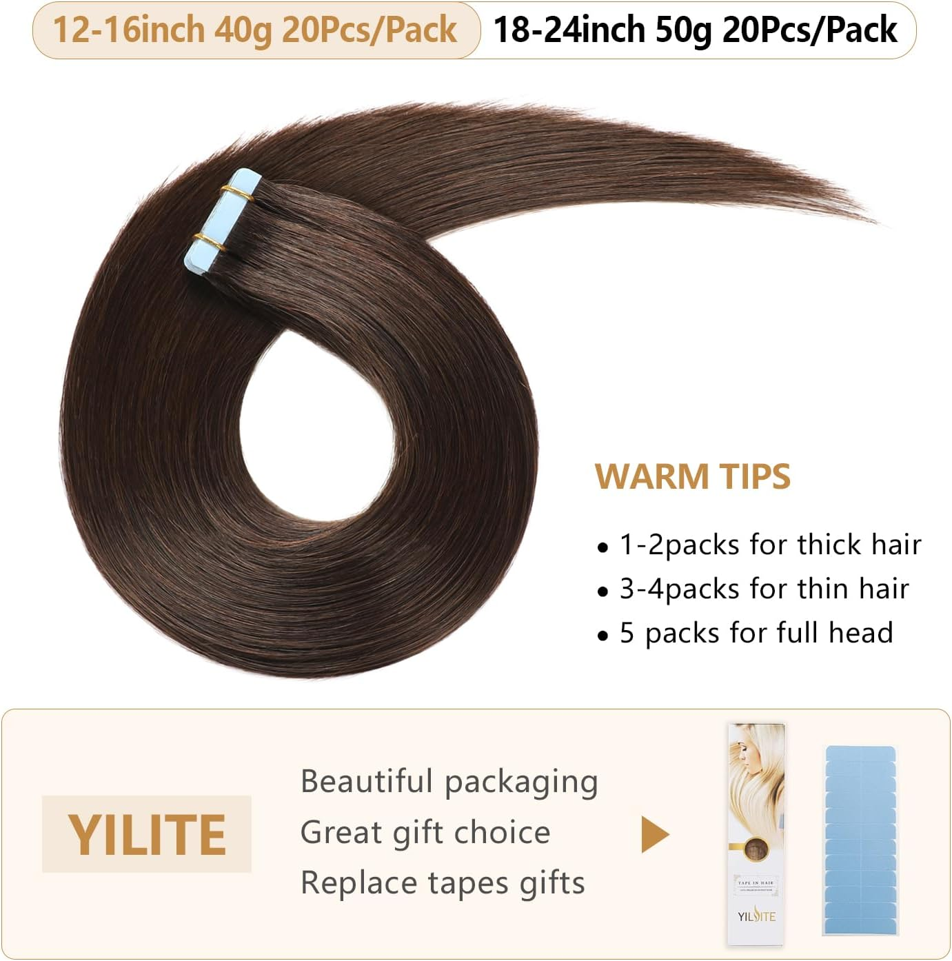 YILITE Tape-In Real Hair Extensions 45 Cm Darkest Brown Silky Straight Seamless Skin Weft Tape Hair Extensions 18 Inches 50 G 20 Pieces/Pack Tape in Hair Extensions (45 Cm #2 Darkest Brown) image number 2