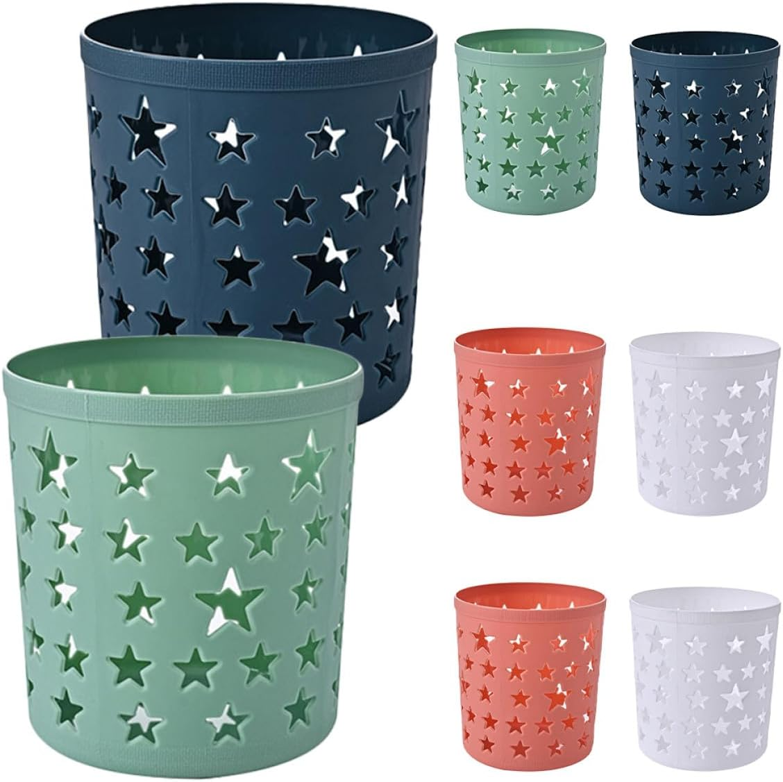 AMUSLESUR Pencil Holder Desk Organizer 8Pcs round Plastic Pen Containers for Office and Home with Hollow Star Design in Teal Amber White Green