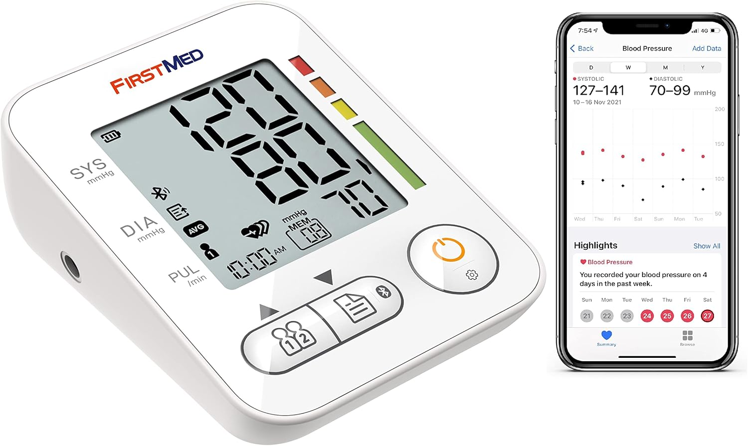 Firstmed Bluetooth Backlit Digital Blood Pressure Monitor Machine Upper Arm Automatic Sync with Apple Health Google Fit image number 6