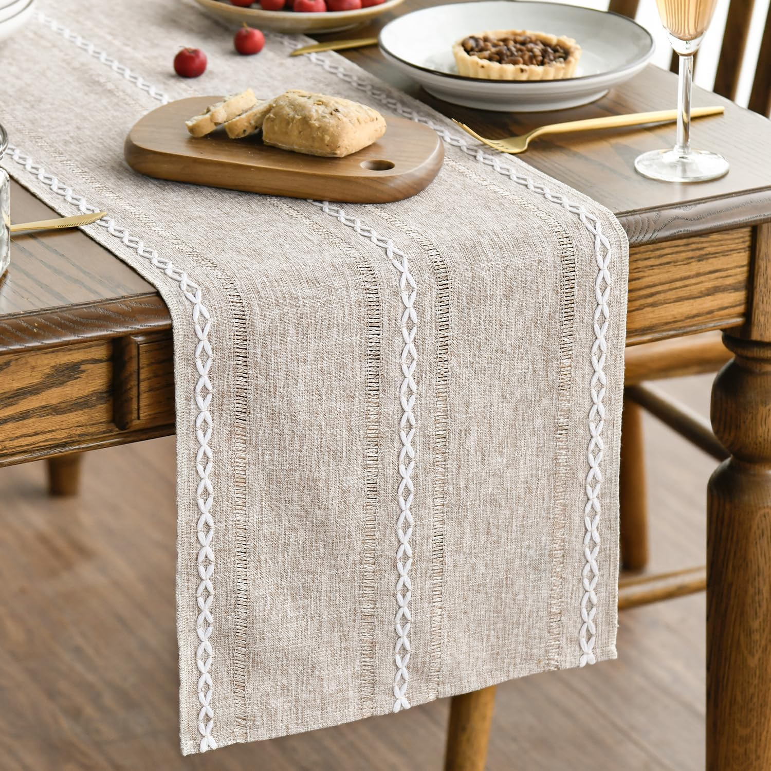 Artoid Mode Beige Rustic Cotton Linen Table Runner, Seasonal Embroidered Hollow Kitchen Dining Table Decoration for Home Party Decor 13X72 Inch