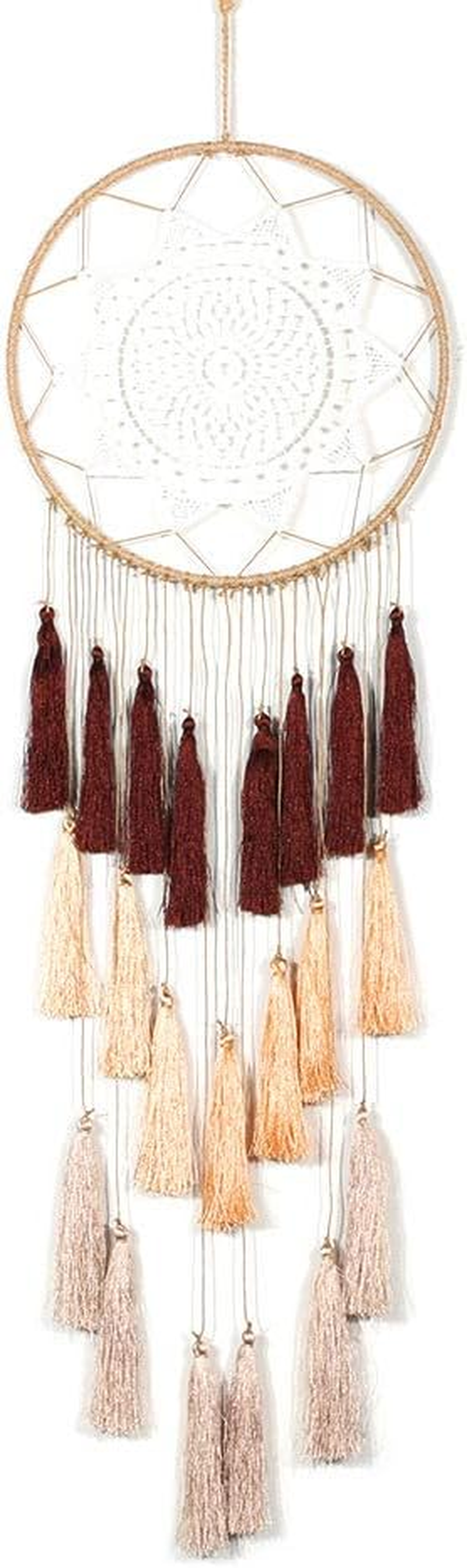 Macrame Dream Catchers for Bedroom Tassel Wall Hanging Handmade Dreamcatchers Home Decor with Ornament Craft Blessing Gift(Brown and Yellow) image number 1