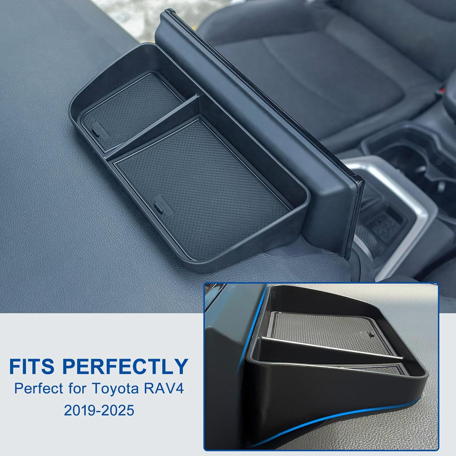 Car Dash Center Console Tray Compatible with 2019-2025 Toyota Rav4 8'' Screen, Dashboard Storage Organizer Tissue Sunglasses Holder for Phones, Keys & More, ABS Dash Storage Tray with Non-Slip Liners