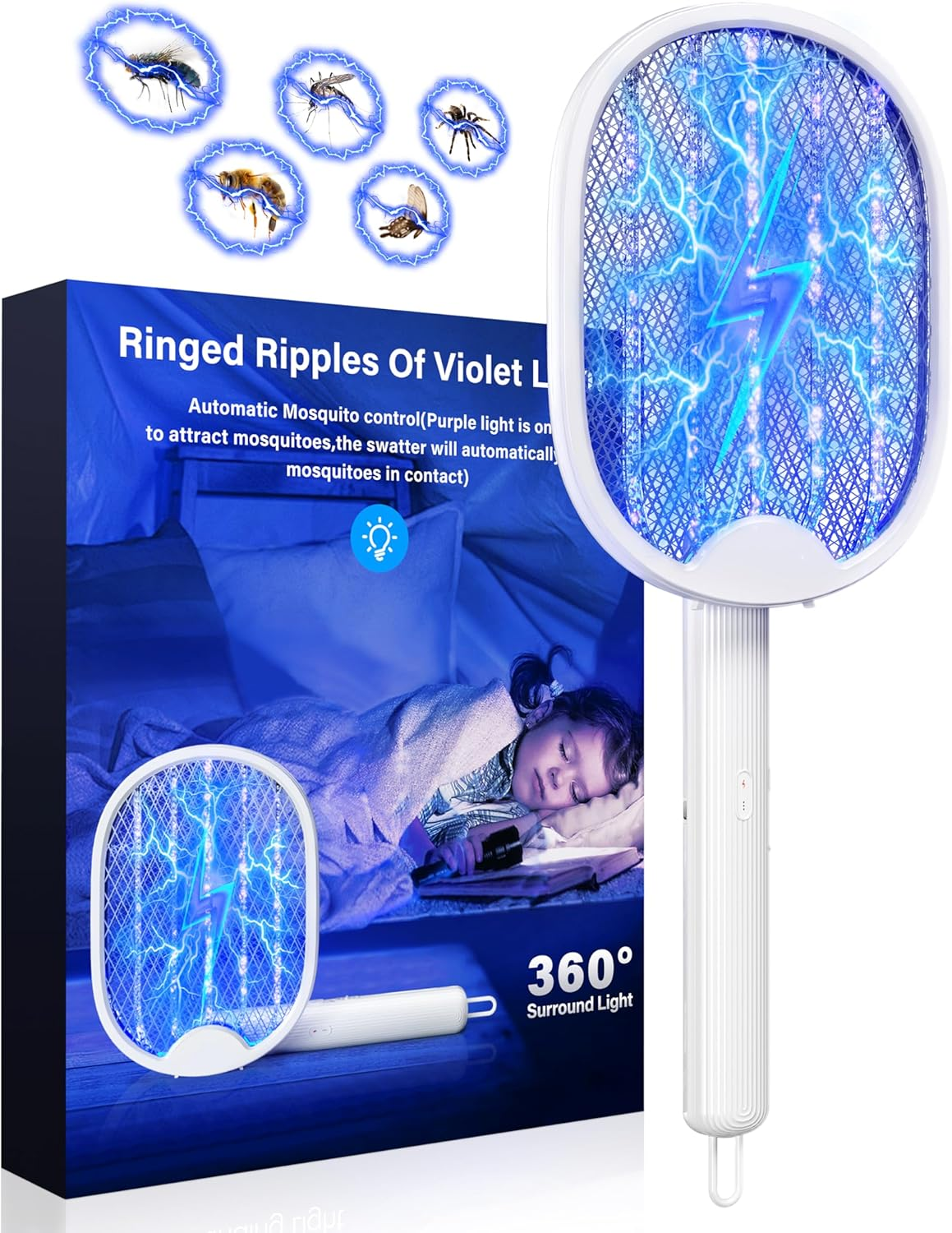 Mosquito Zapper Electric Fly Swatter - 180&deg; Foldable Bug Zapper, Rechargeable Electric Fly Swatter Racket with 3 Layers Safety Mesh, 3000V Electric Fly Trap for Indoor and Outdoor image number 2