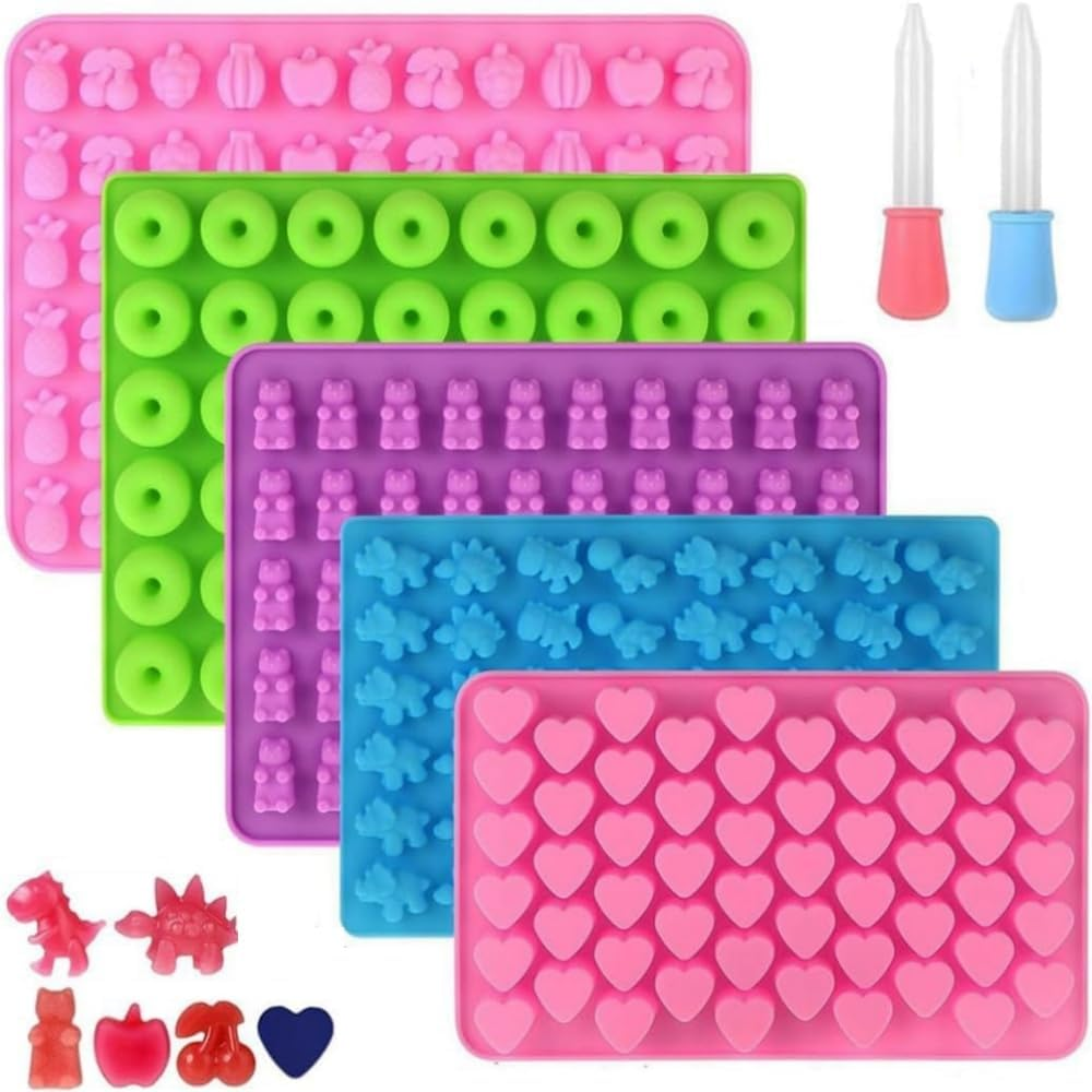 HIDOSNG 5Pcs Gummy Bear Candy Molds Silicone Gummy Molds 2 Dropper, Non-Stick Silicone Candy Mold Including Mini Dinosaur, Bear Shape, Heart, Donut Fruit for Jelly Chocolate (Pink+Green+Purple+Blue) image number 2