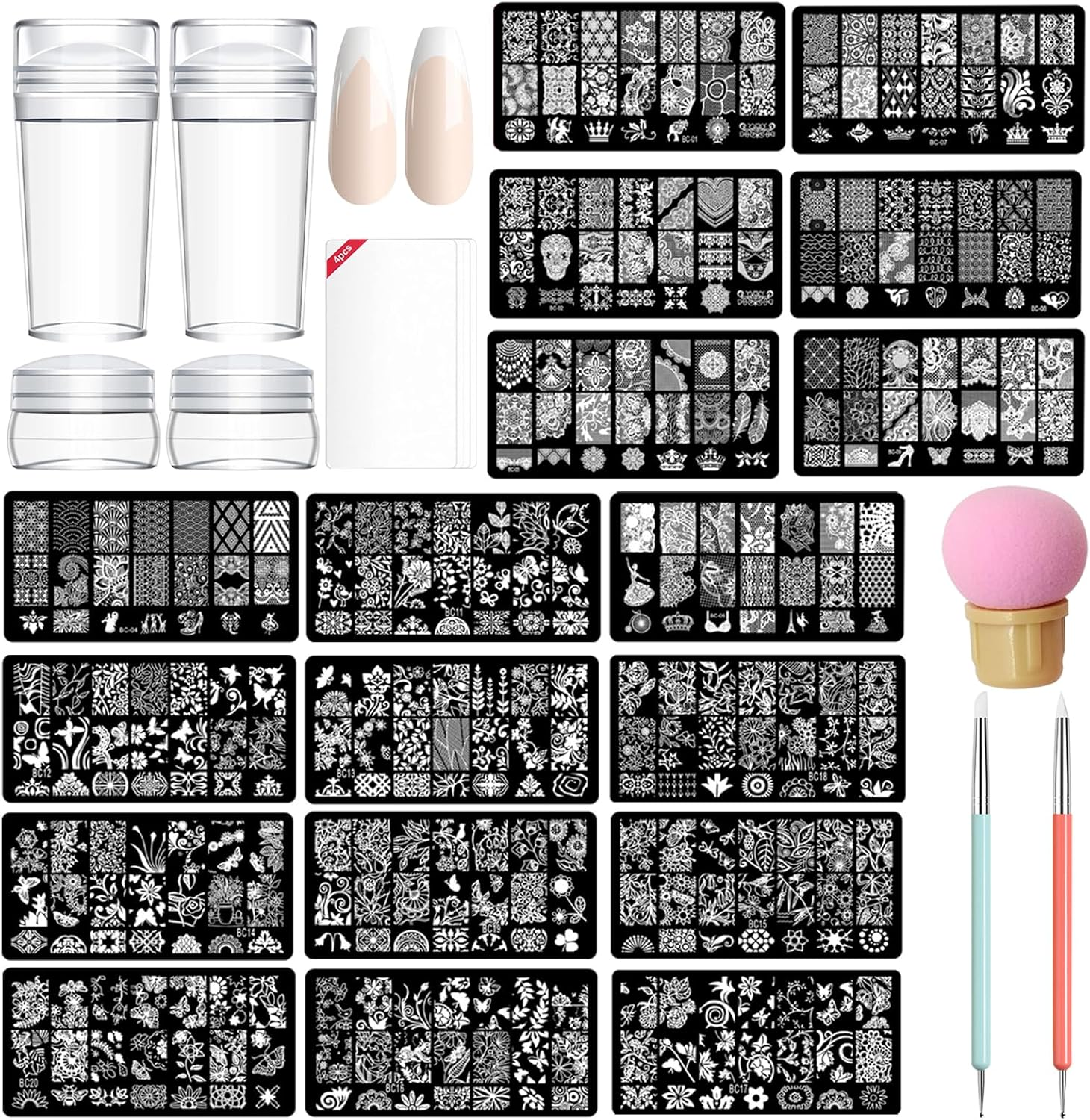 TYXHXTF Pack of 14 French Nail Stamp Kit,Nail Art Stamping Templates Manicure Tool Kit,Nail Art Jelly Stamper with Silicone Cushion,Nail Stamp,Gel Nail Polish Set for Diy Nail Art Designs image number 5