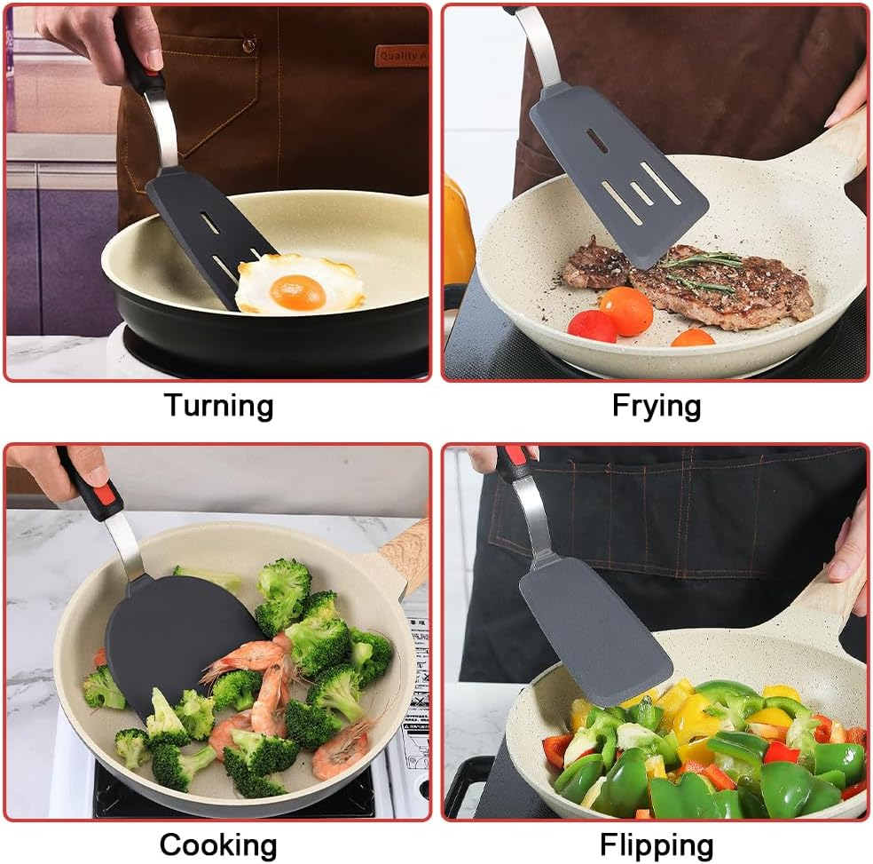 Large Silicone Spatula Turner Set of 3,Silicone Turner Spatula,Silicone Spatula for Cooking,Non-Stick,Heat Resistant, Easy to Clean, BPA Free Rubber Spatula for Egg, Pancake, Fish, Burger (Black) image number 3