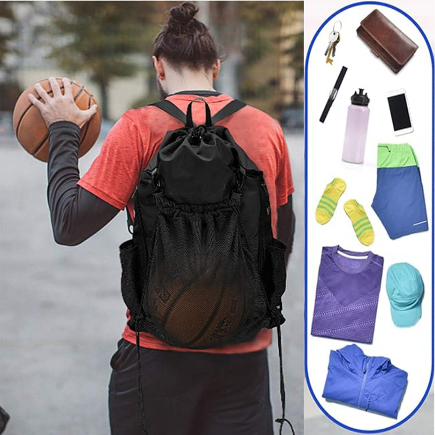 Drawstring Basketball Backpack,Foldable Storage and with Removable Mesh Pocket, Soccer, Volleyball, Baseball Multi-Purpose Training Bag Sports Backpacks image number 2