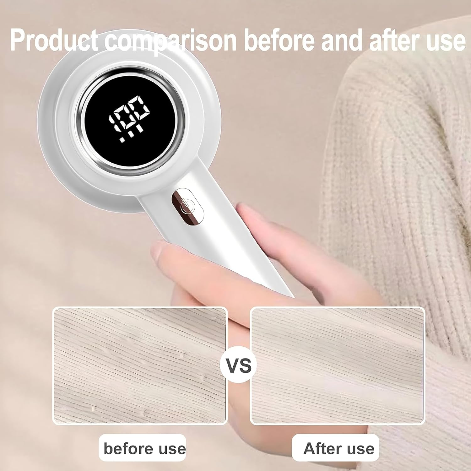 Fabric Shaver, Rechargeable Lint Remover, Portable Electric Sweater Defuzzer with 3 Speeds, 6 Leaf Blades, Digital LED Display to Remove Pilling for Clothes, Furniture, Sofa, Sweater, Blanket White - Purple image number 4