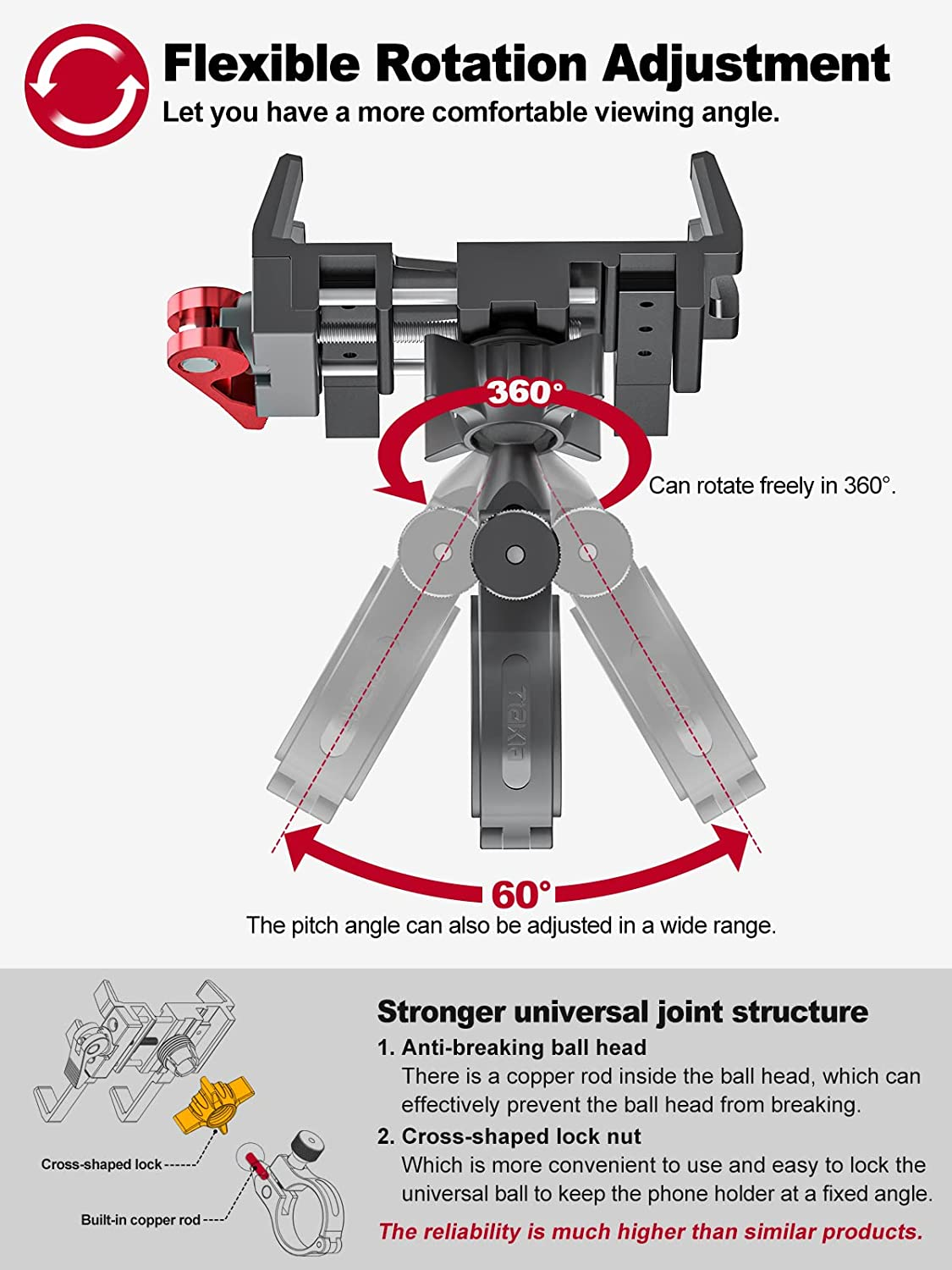 Tiakia Bike Phone Holder, Motorcycle Phone Mount, Bicycle 360&deg; Rotation Aluminum Golf Buggy Handlebar Clamp Holder for Bike, Camera Friendly One Hand Operation Cell Phone Holder for 4.5-7 Inch Phone - Black Red image number 6