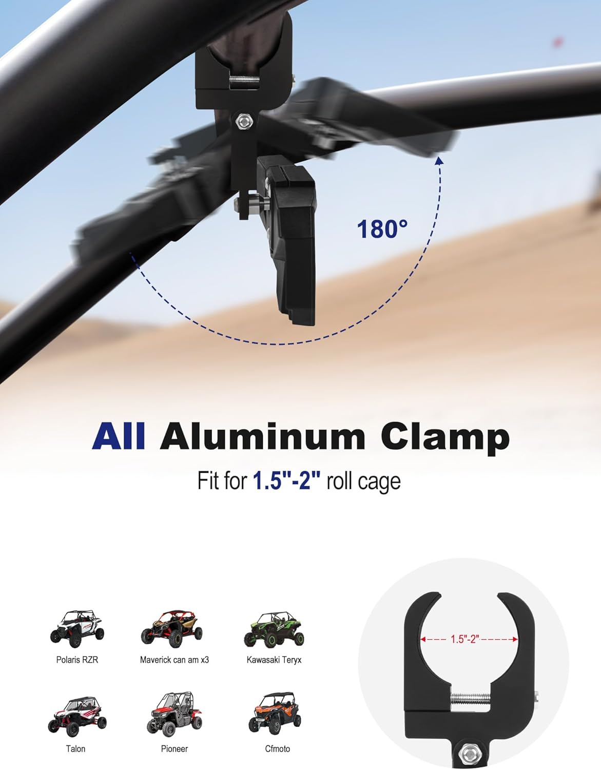 UTV Rear View Mirror, HD SXS UTV Center Mirror with Aluminum Clamp Fits 1.5"-2.0" Roll Cage Mount, Compatible with Polaris RZR, Maverick Can Am X3, Pioneer, Talon, Kawasaki, CFMOTO, Yamaha image number 4