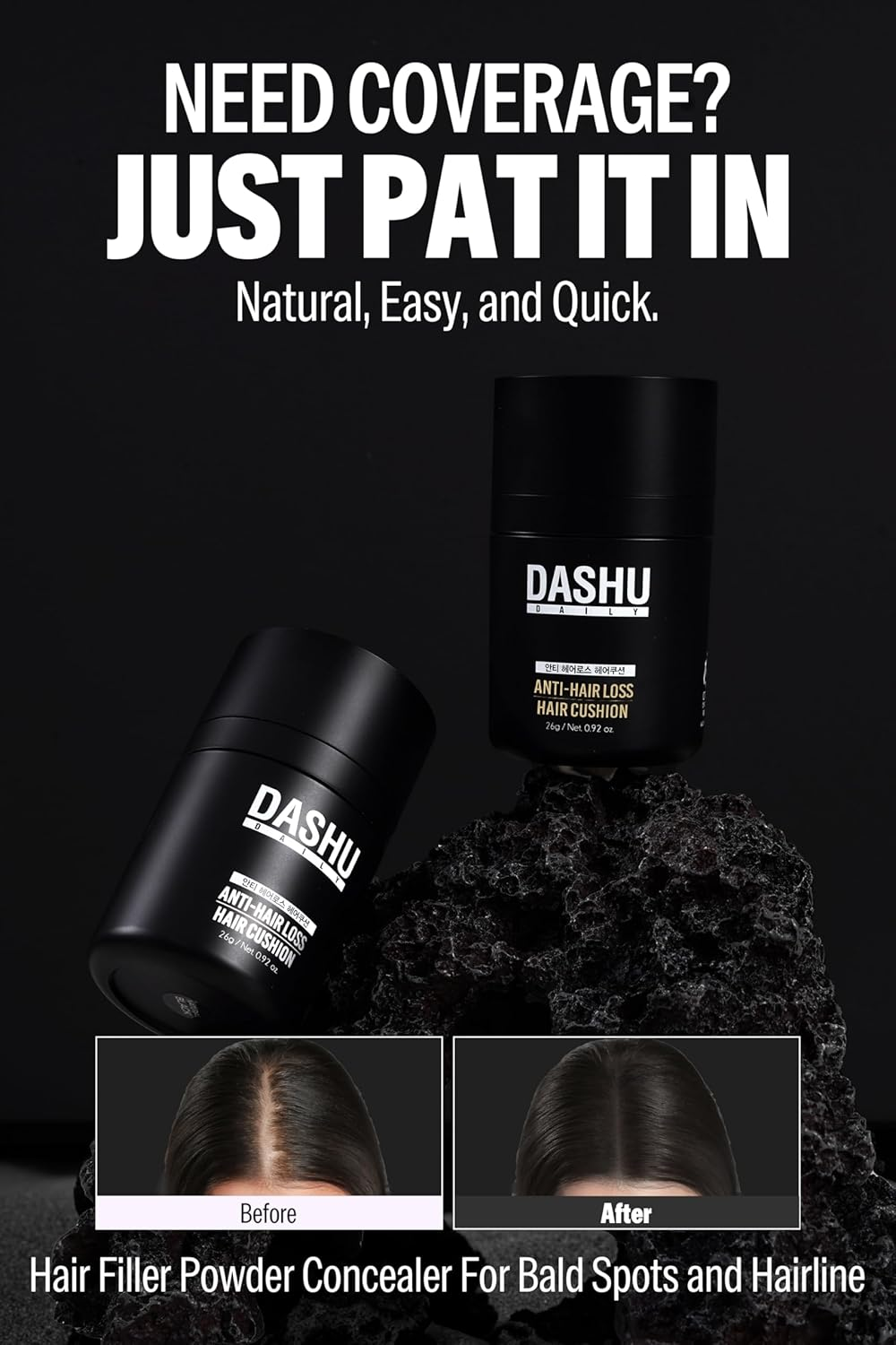 DASHU Daily Hair Cushion for Hair Fall | Hair Fibers for Thinning Hair Temporary Hair Color for Gray Hair Coverage Root Concealer Hairline Powder | Waterproof Bald Spot Cover up for Men 16G (Black) image number 1