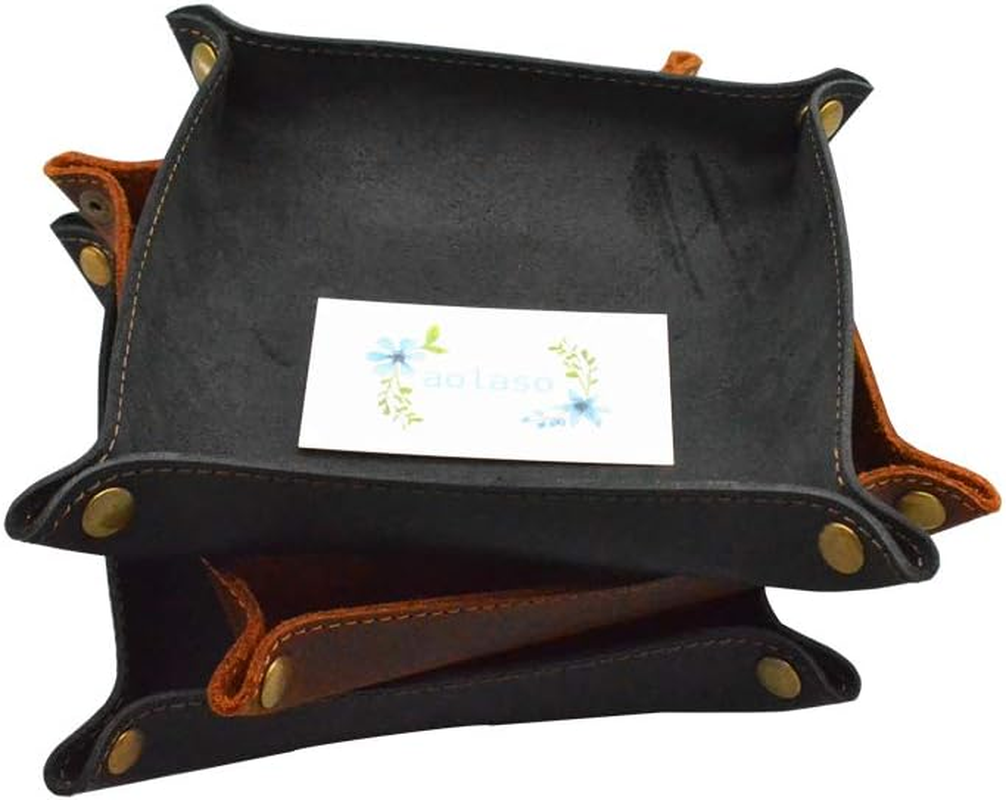 Valet Tray- Genuine Leather Catchall Tray Desktop Storage Organiser- beside Trinket Vanity Tray for Key, Wallet, Phone, Watches, Candy-Black image number 4