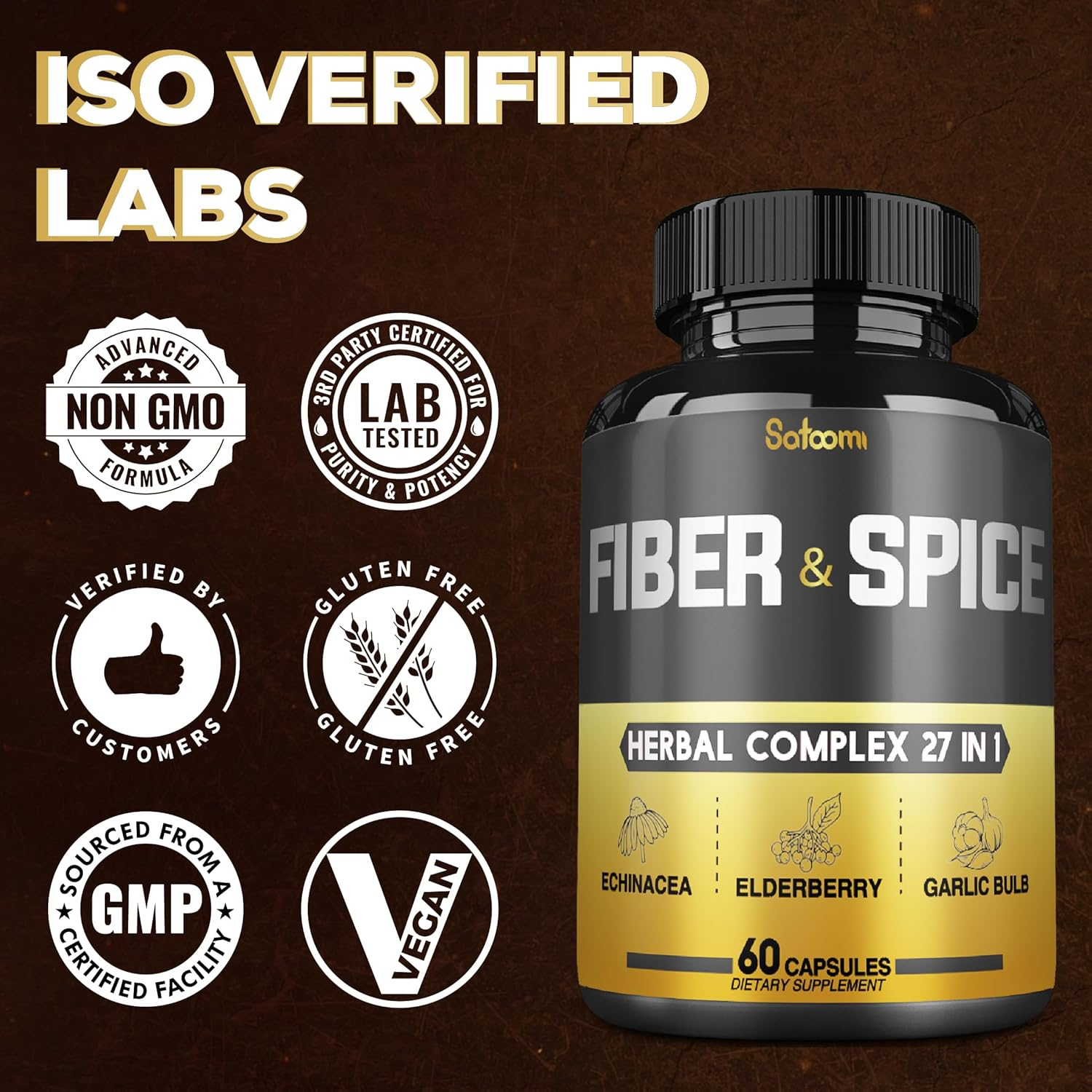 SATOOMI 27 in 1 Fiber and Spice Supplement - 60 Veggie Capsules - High Concentrated with Psyllium Husk, Flax Seed, Apple, Elderberry, Echinacea & More image number 1